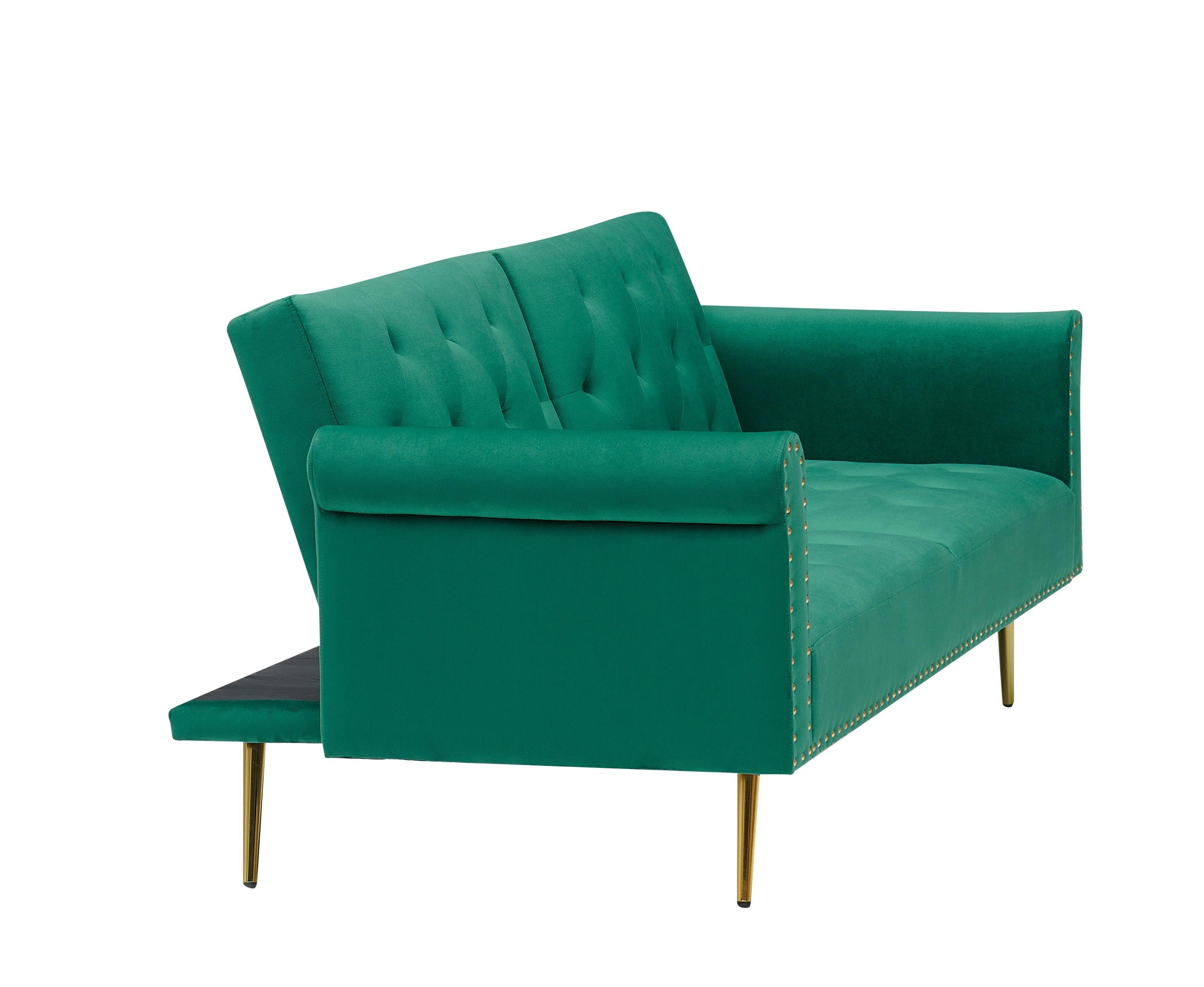 Green velvet nail head sofa bed with throw pillow and midfoot