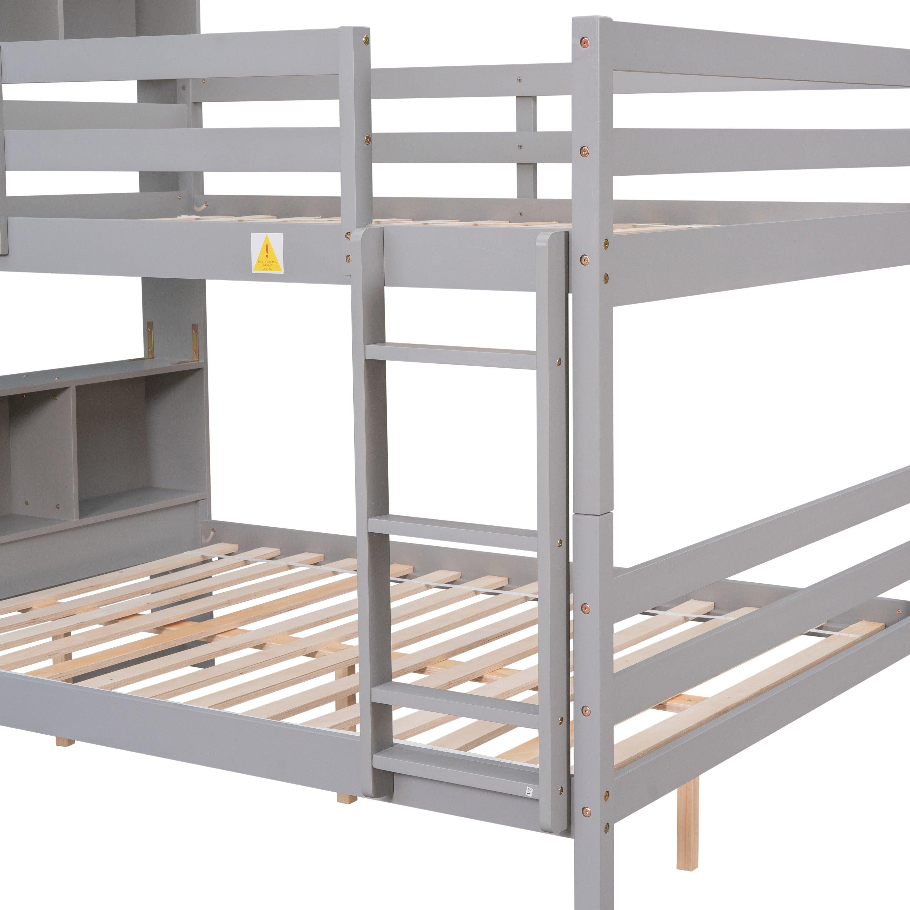 Full Over Full Bunk Beds with Bookcase Headboard, Solid Wood Bed Frame with Safety Rail and Ladder, Kids/Teens Bedroom, Guest Room Furniture, Can Be converted into 2 Beds, Grey