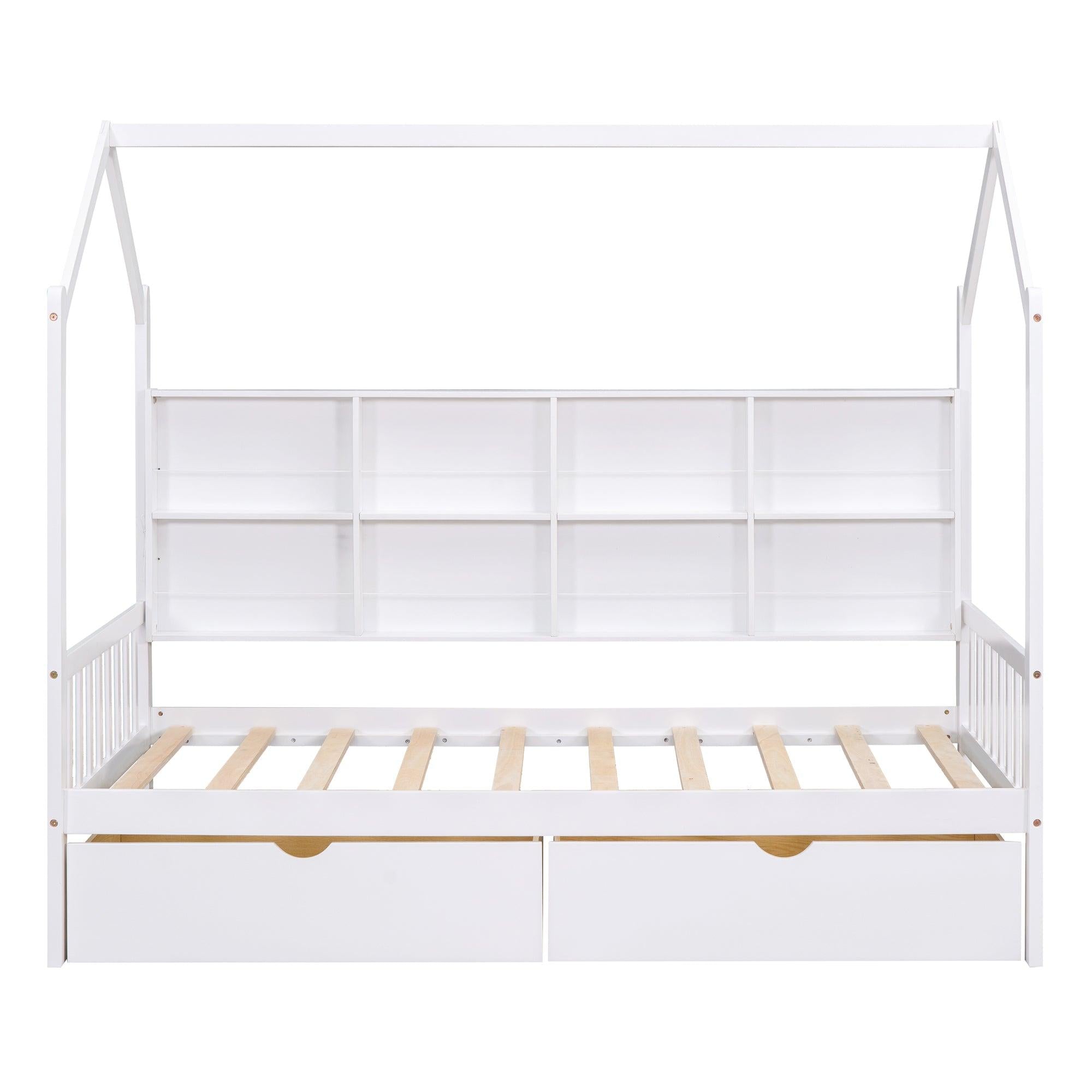 Wooden Twin Size House Bed with 2 Drawers,Kids Bed withStorage Shelf, White