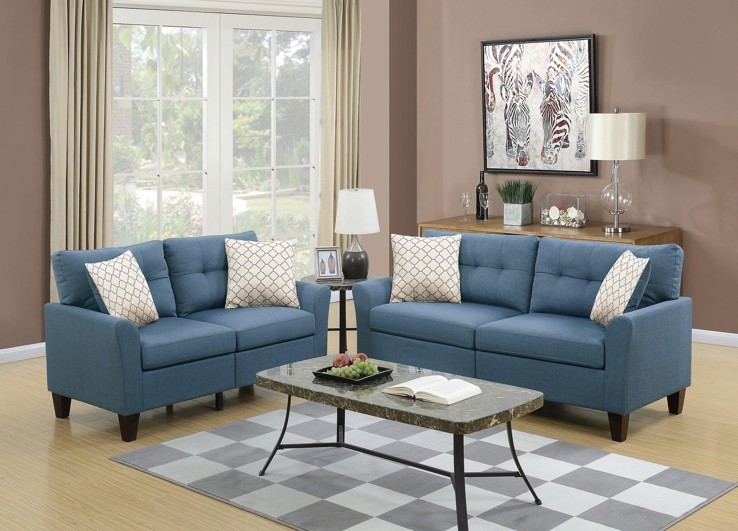 Living Room Furniture 2pc Sofa Set Sofa And Loveseat Blue Glossy Polyfiber Plywood Solid pine image