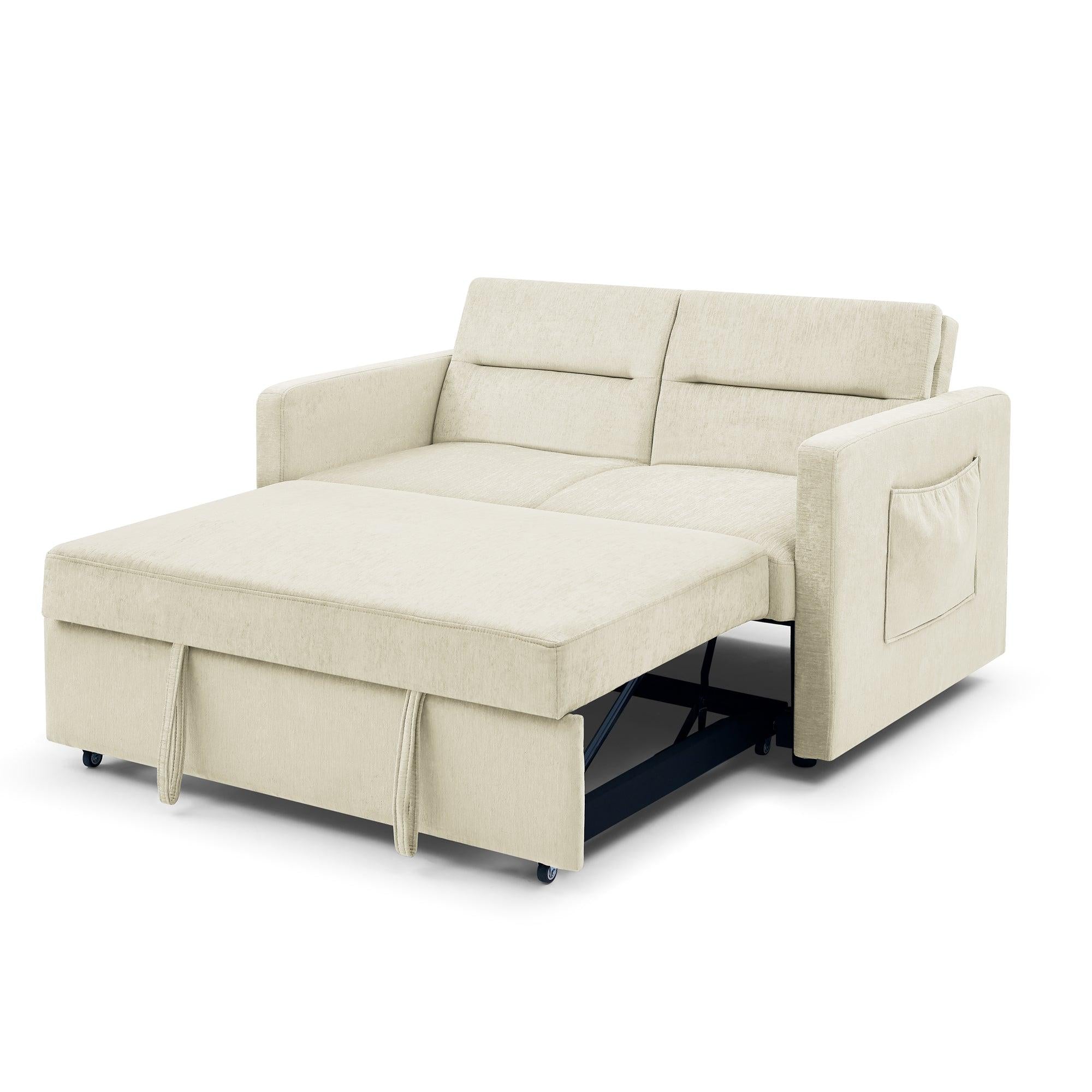 Loveseats Sofa Bed with Pull-out Bed，Adjsutable Back and Two Arm Pocket，Beige （54.5“x33”x31.5“）