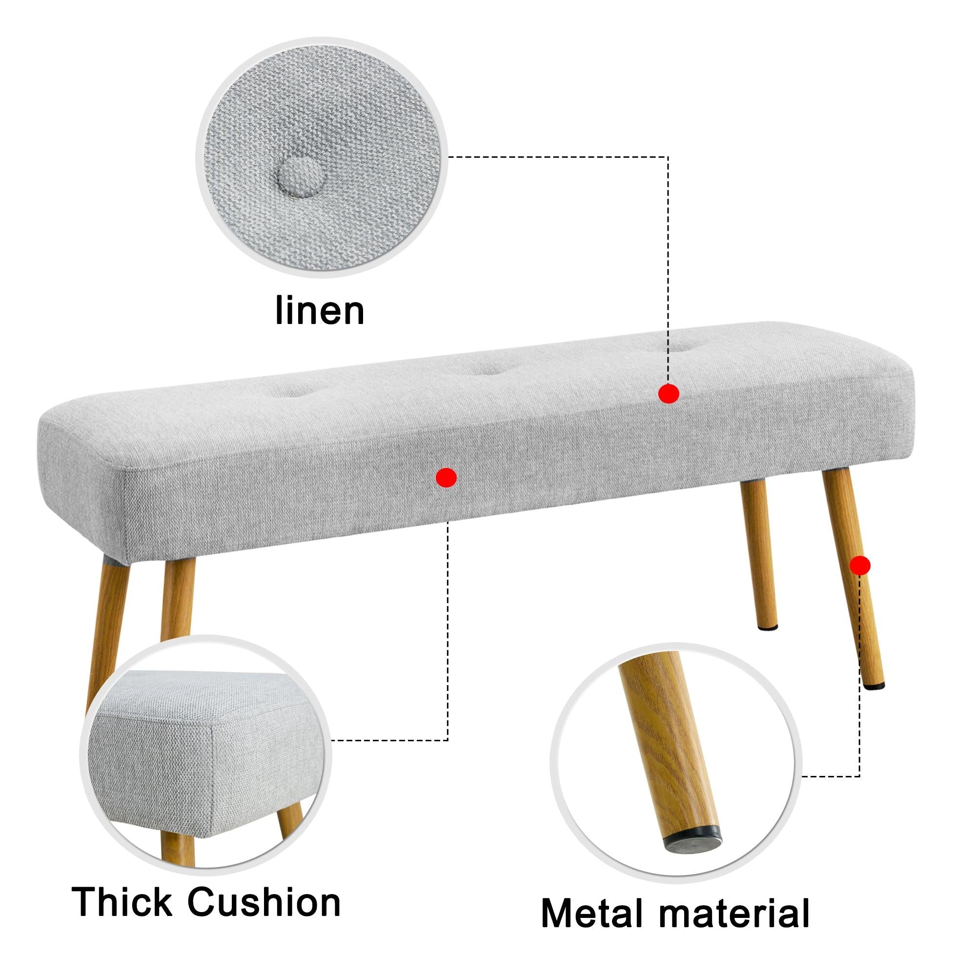 Linen Fabric Upholstered Bench With Gold Metal Legs .Shoe Changing Bench Sofa Bench Dining Chair .for to Bedroom Fitting Room, Store, Dining Room and Living Room.