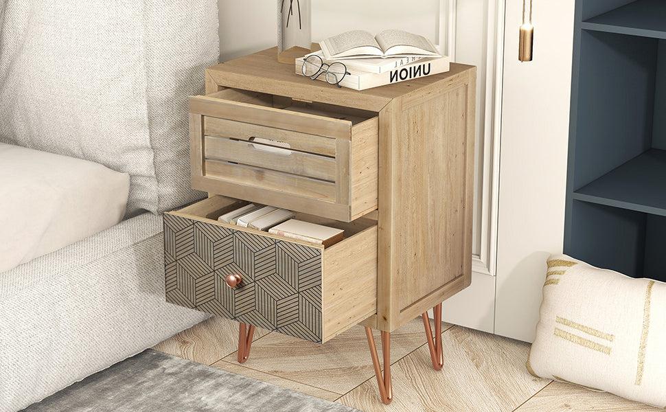 Wooden Nightstand with Two Drawer and Metal Feet Antique Style Bedside Table (Natural)