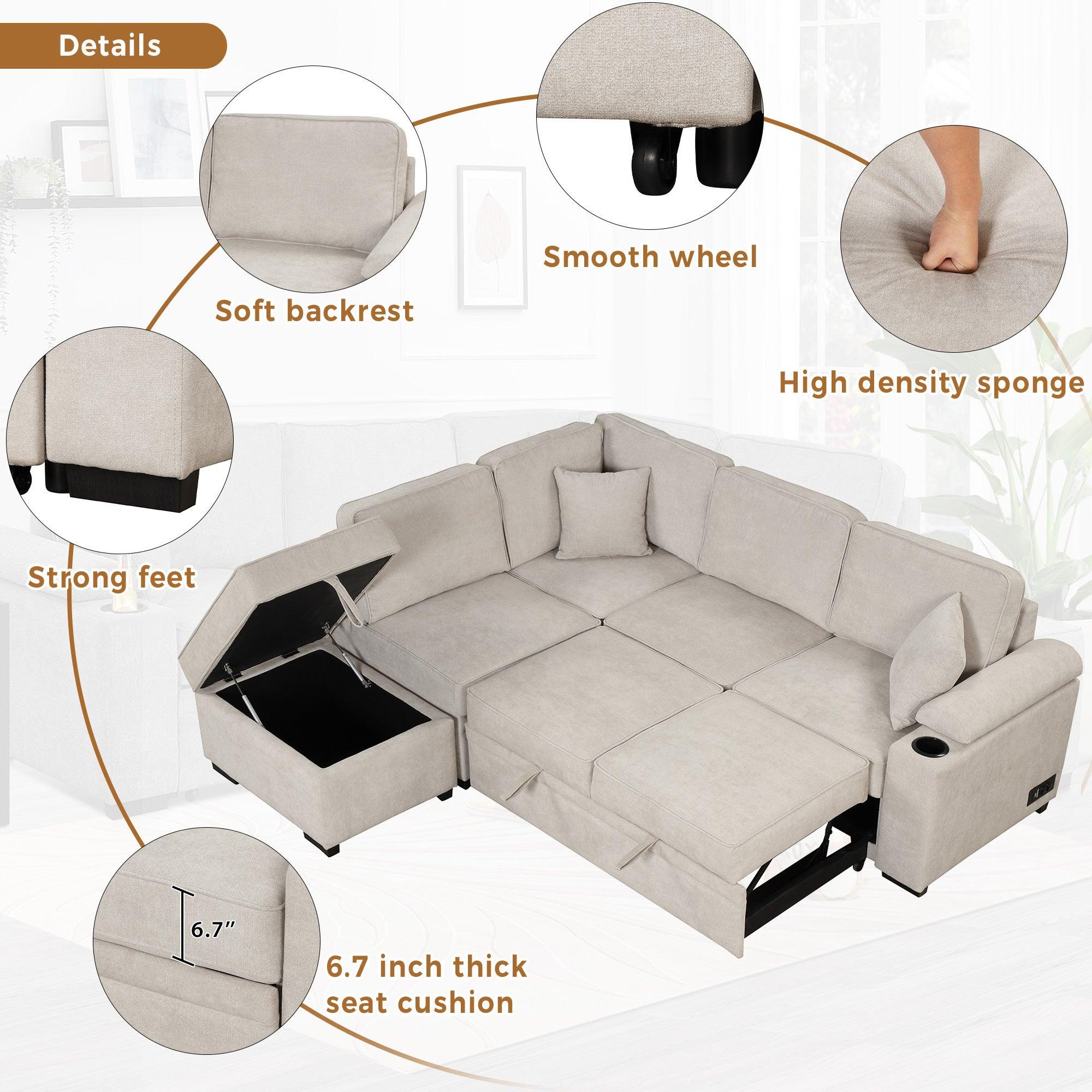 87.4" Sleeper Sofa Bed,2 in 1 Pull Out sofa bed L Shape Couch withStorage Ottoman for Living Room,Bedroom Couch and Small Apartment，Beige