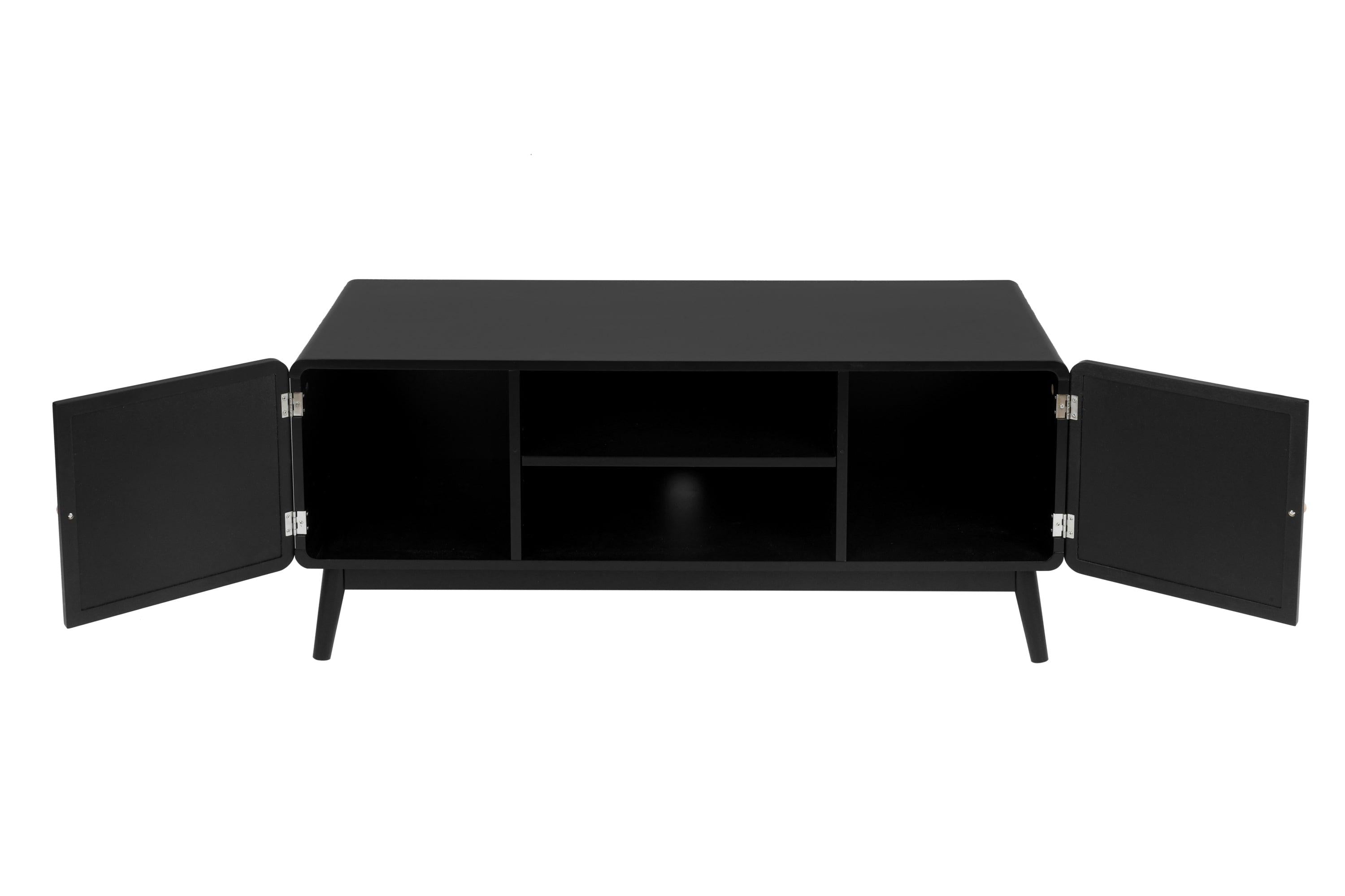 Black TV Console with Rattan Door, Boho TV Stand for Bedroom, Living Room