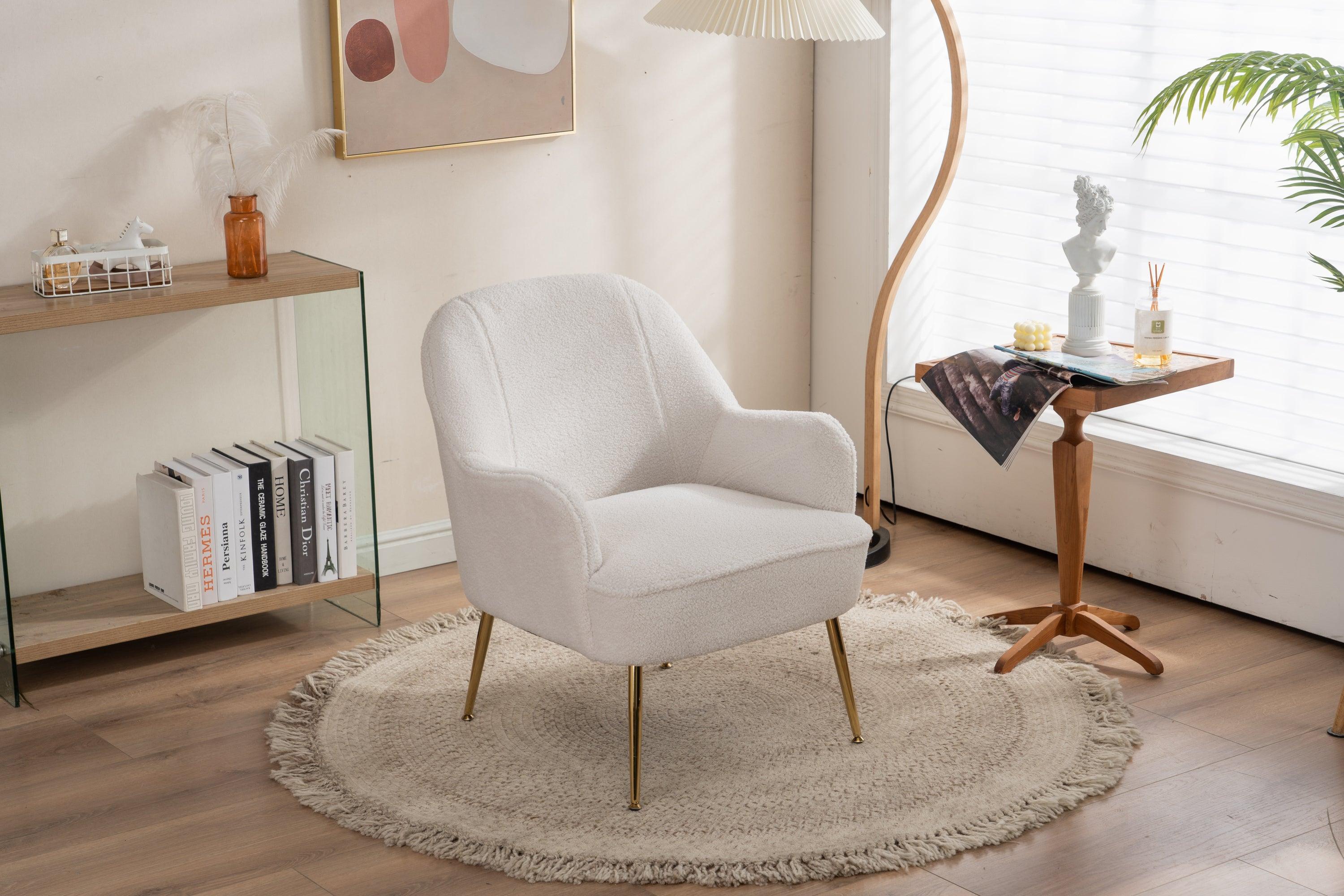 Modern Soft White Teddy fabric Ivory Ergonomics Accent Chair Living Room Chair Bedroom Chair Home Chair With Gold Legs And Adjustable Legs For Indoor Home