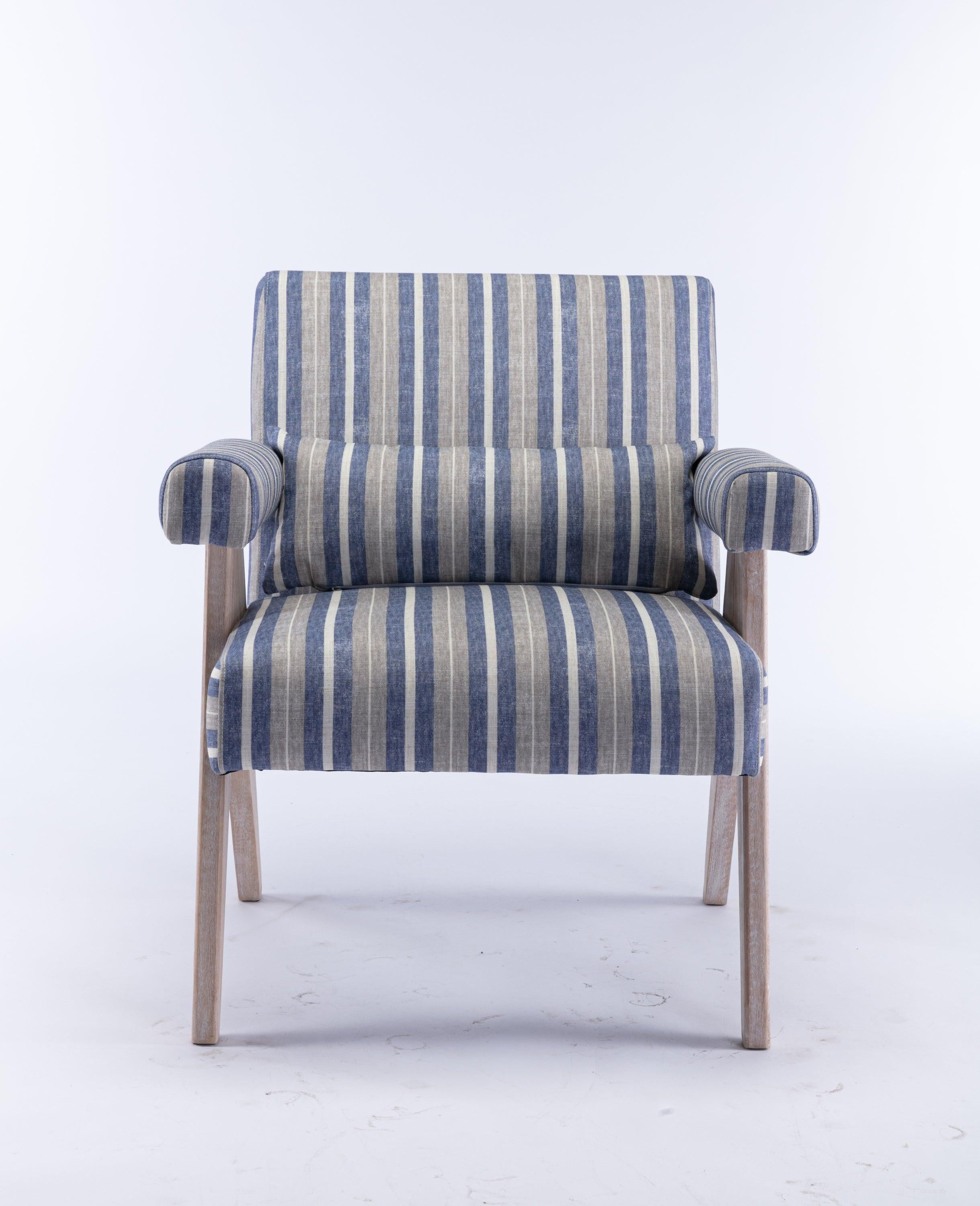 Accent chair, KD rubber wood legs with black finish. Fabric cover the seat. With a cushion.Blue Stripe