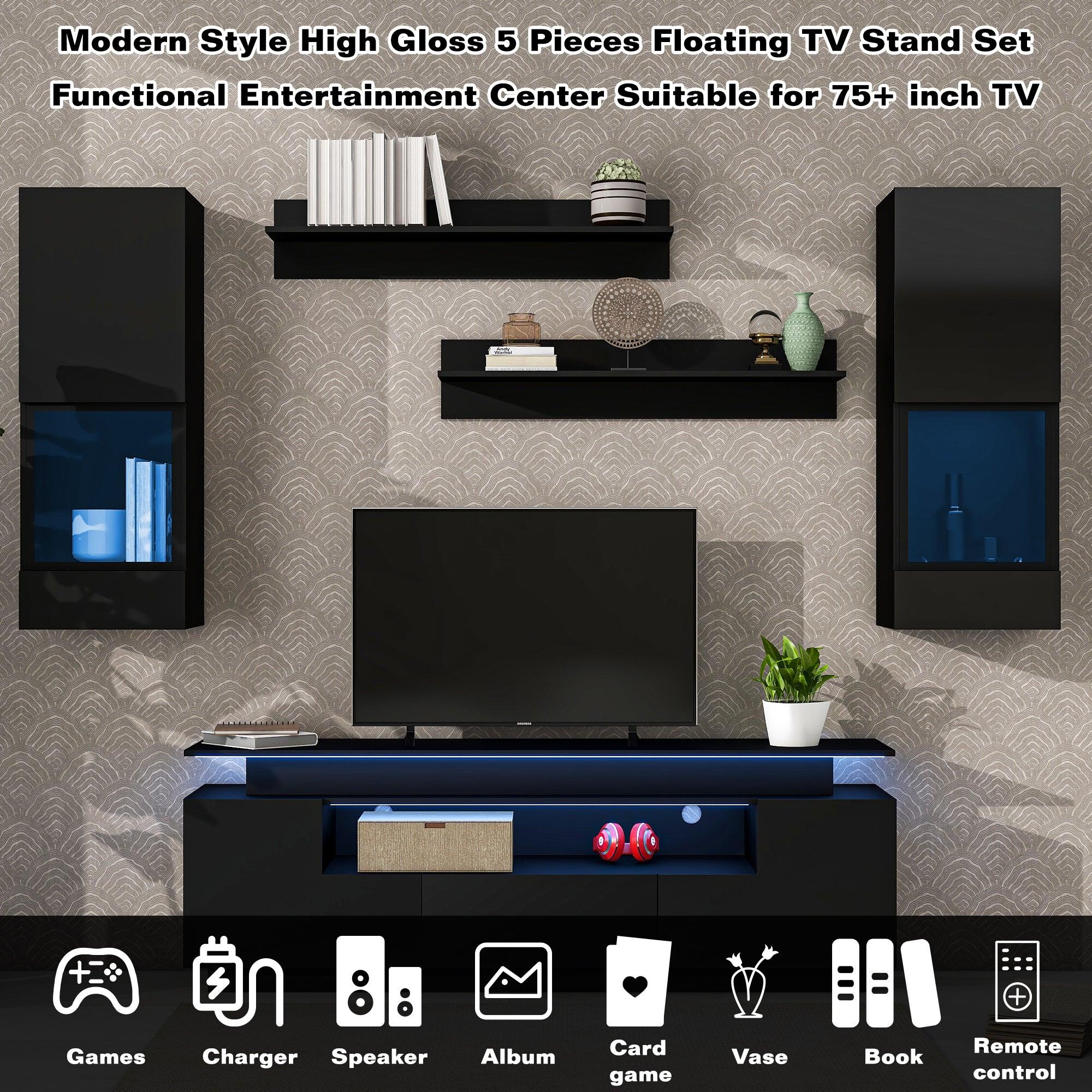 Stylish Functional TV stand, 5 Pieces Floating TV Stand Set, High Gloss Wall Mounted Entertainment Center with 16-color LED Light Strips for 75+ inch TV, Black