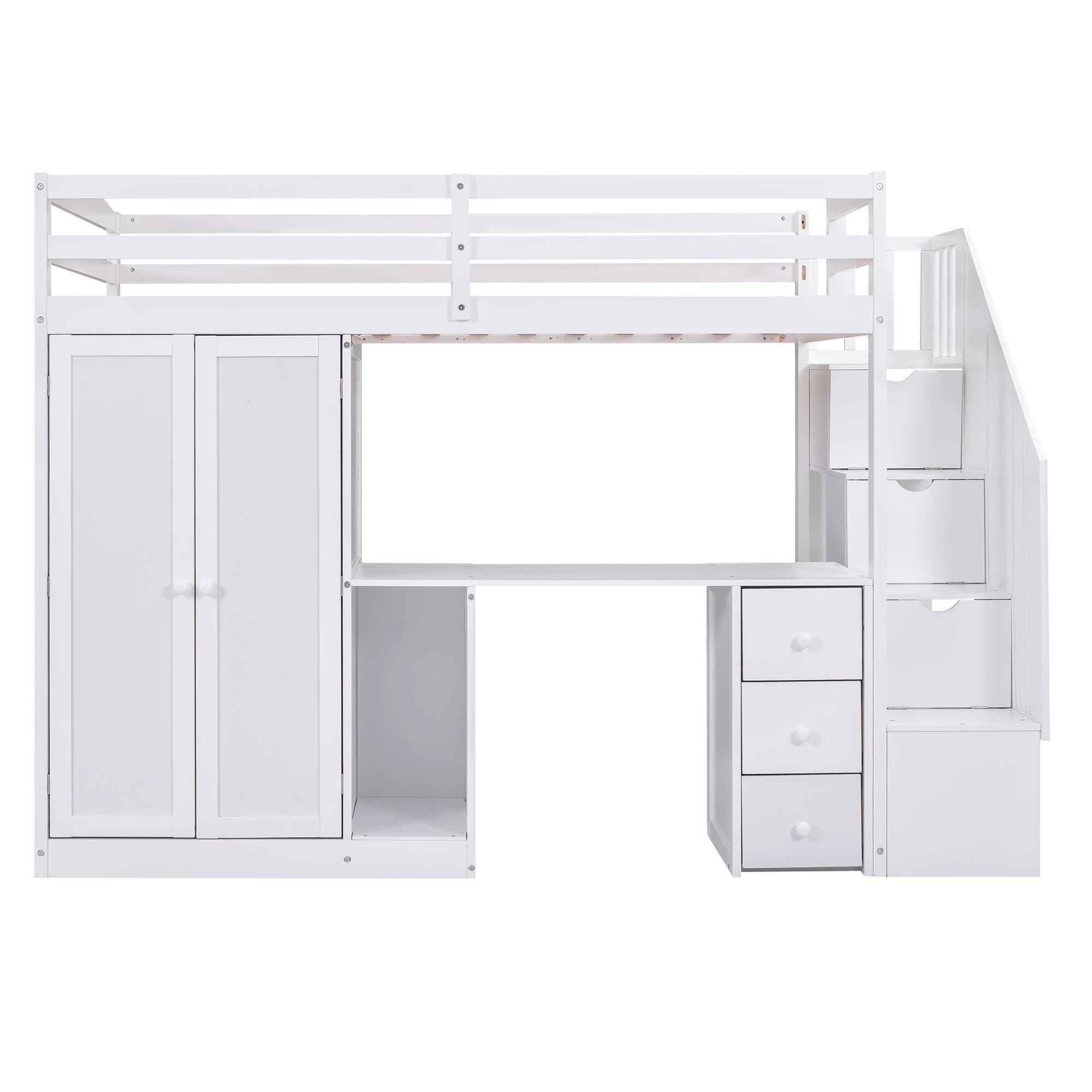 Twin Size Loft Bed with Wardrobe and Staircase, Desk andStorage Drawers and Cabinet in 1, White