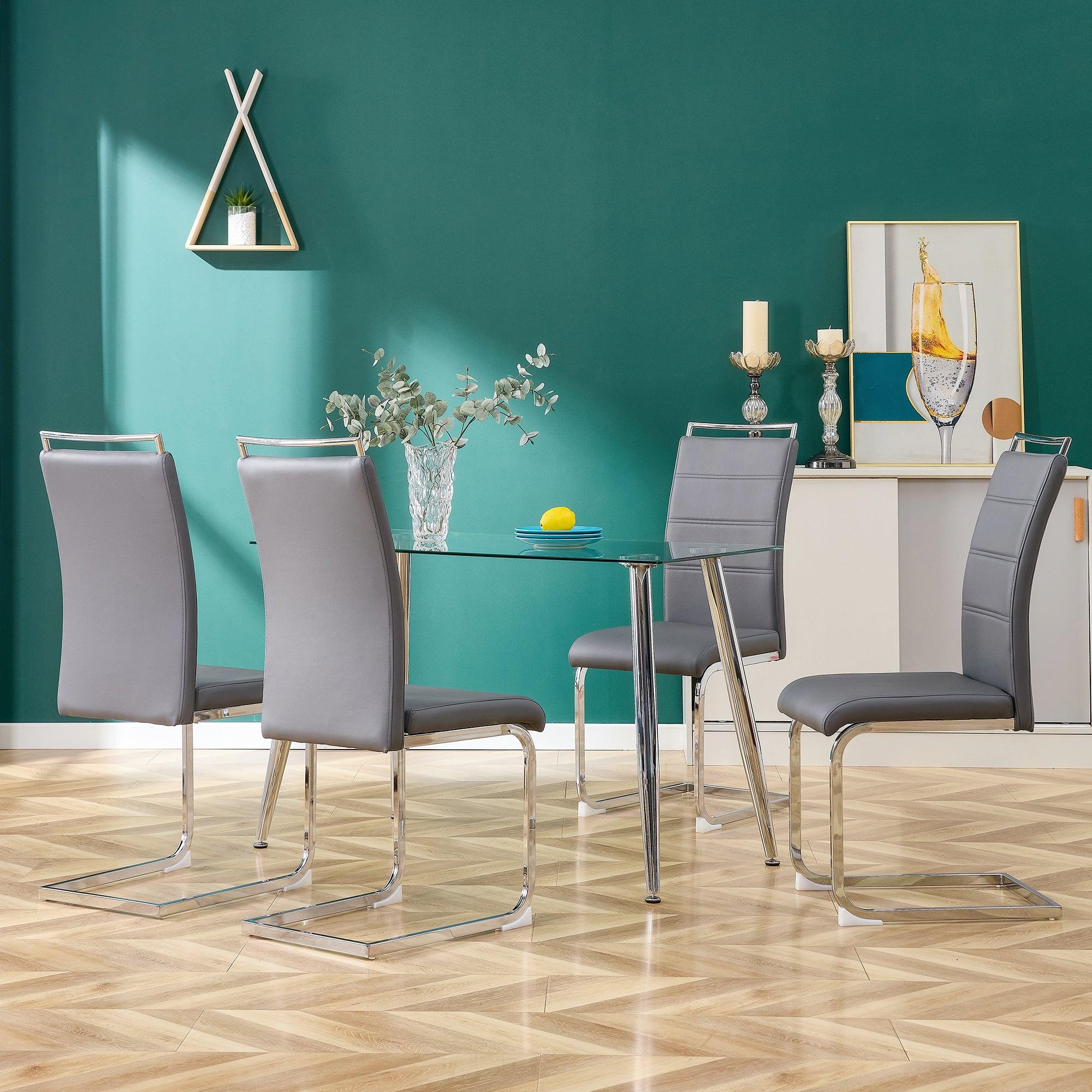 Glass Dining Table, Dining Chair set, 4 Grey  Dining Chairs and 1 Dining Table .Table Size 51" W x 31"D x 30" H