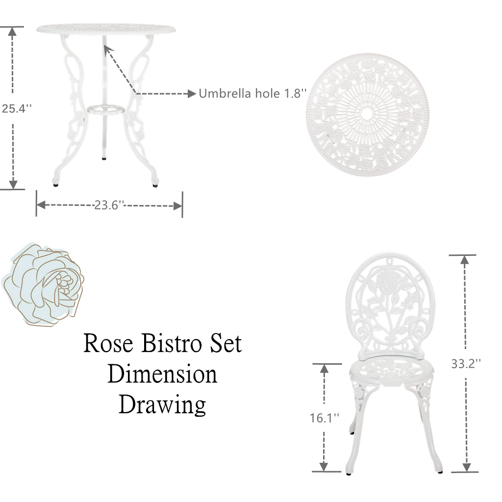 Bistro Table Set, White Rose 3 Piece, Outdoor Patio Table and Chairs Furniture, Durable Rust Weather Resistance，Rose White