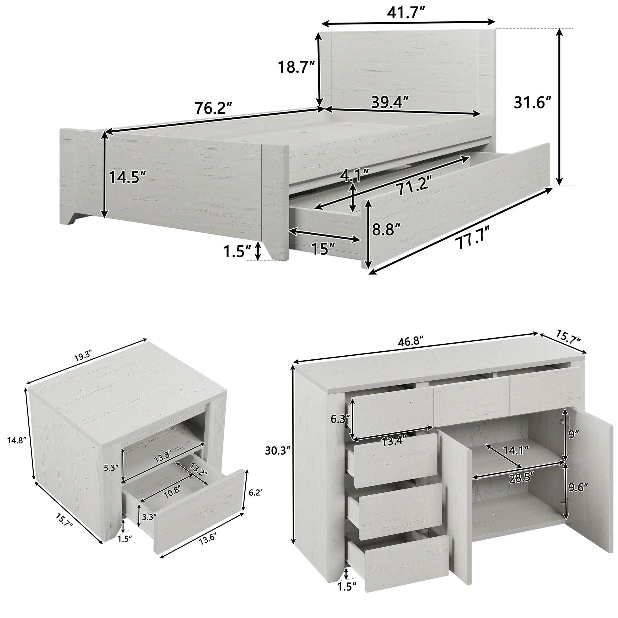 3 Pieces Simple Style Manufacture Wood Bedroom Sets with Twin bed, Nightstand and Dresser, Stone Gray