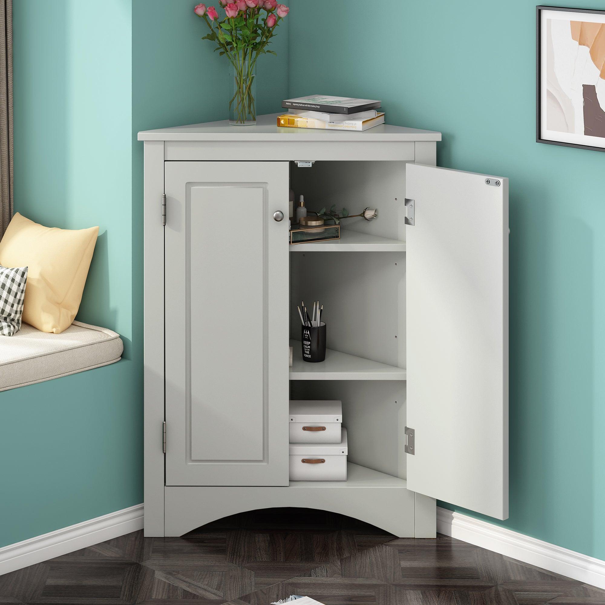 Grey Triangle BathroomStorage Cabinet with Adjustable Shelves, Freestanding Floor Cabinet for Home Kitchen