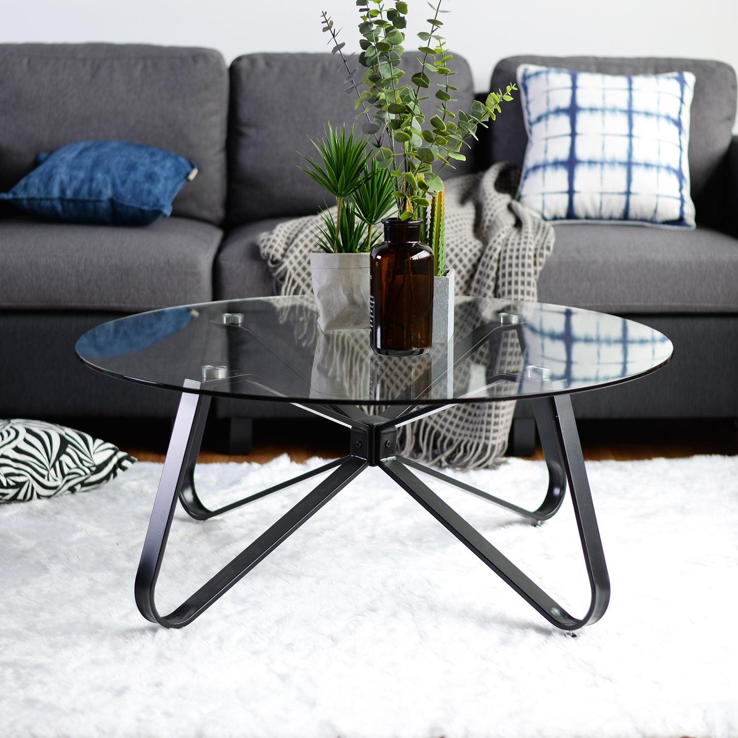 Round Coffee Table for Living Room, 31.5-inchModern Sofa Side End Table with Tempered Glass Top & Metal Legs, Accent Cocktail Tea Table, 31.5 x 31.5 x 15.6 inches, Black