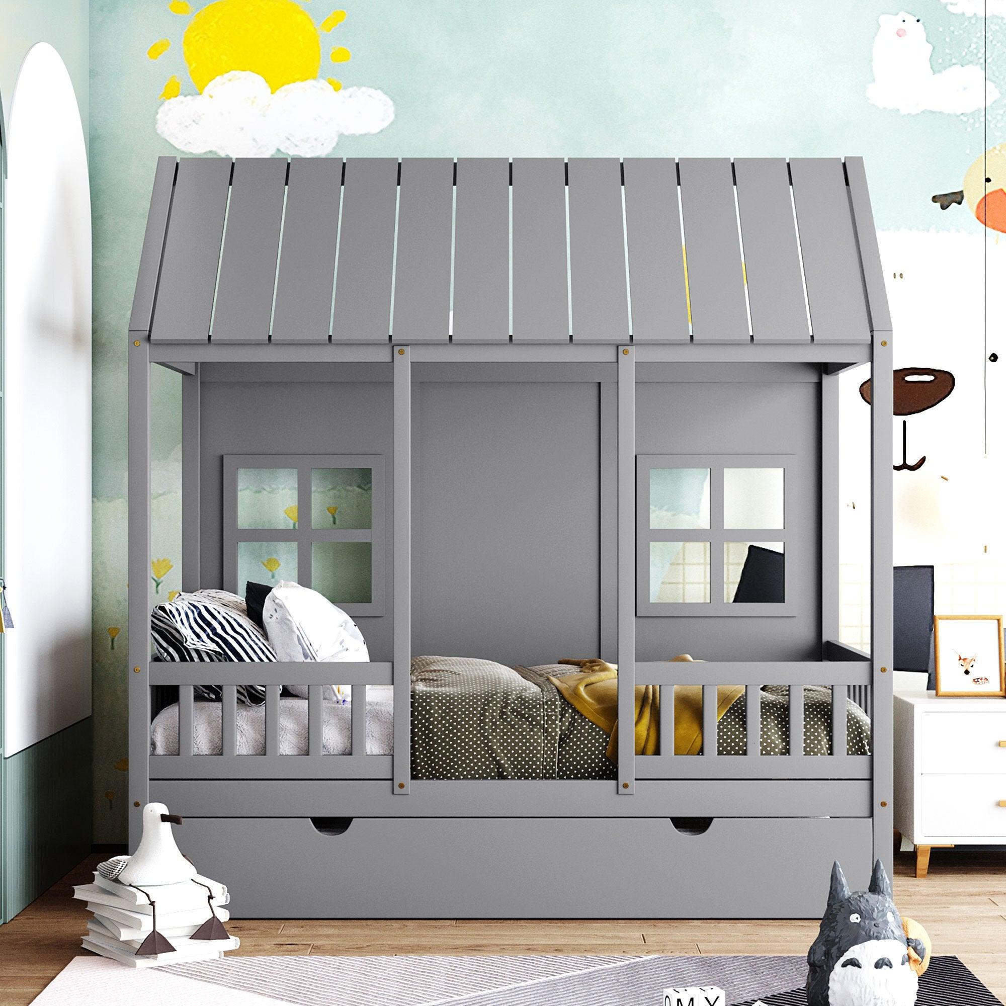 Twin Size Wood House Bed With Twin Size Trundle, Wooden Daybed, Gray