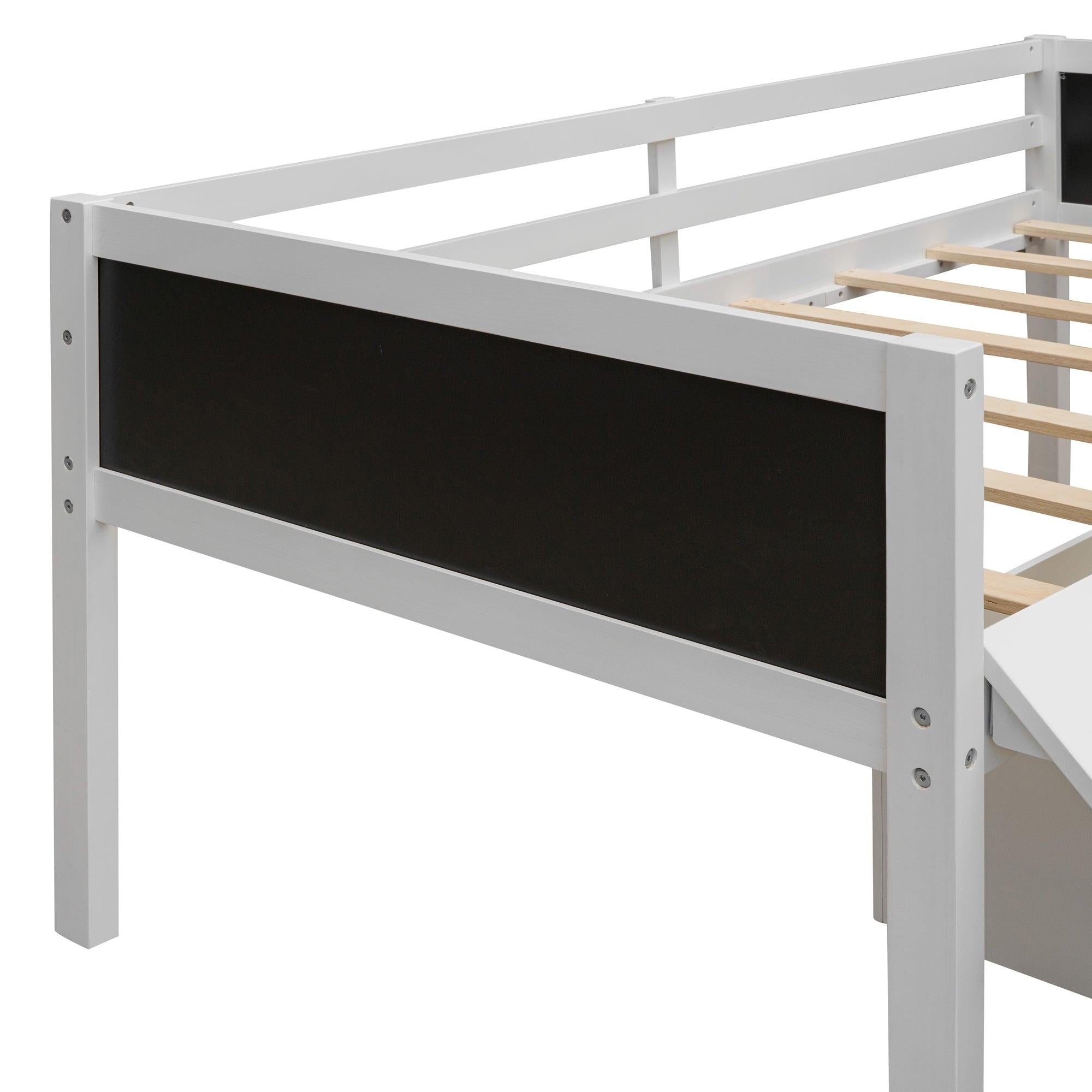 Twin size Loft Bed Wood Bed with TwoStorage Boxes - White