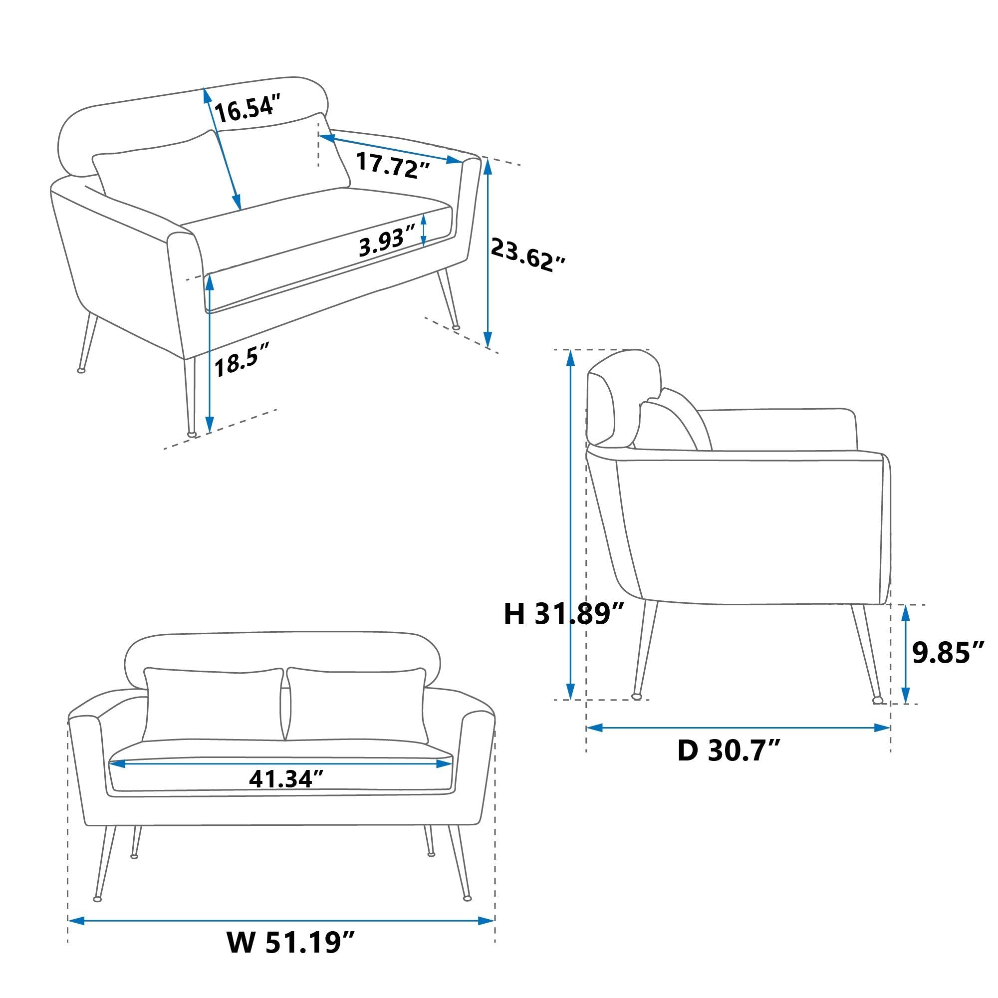 51"WModern Boucle Loveseat Small Sofa Small Mini Room Couch Two-Seater Sofa With 2 Throw Pillows Gold Metal Legs for Small Space Office Studio Apartment Bedroom, Ivory Boucle