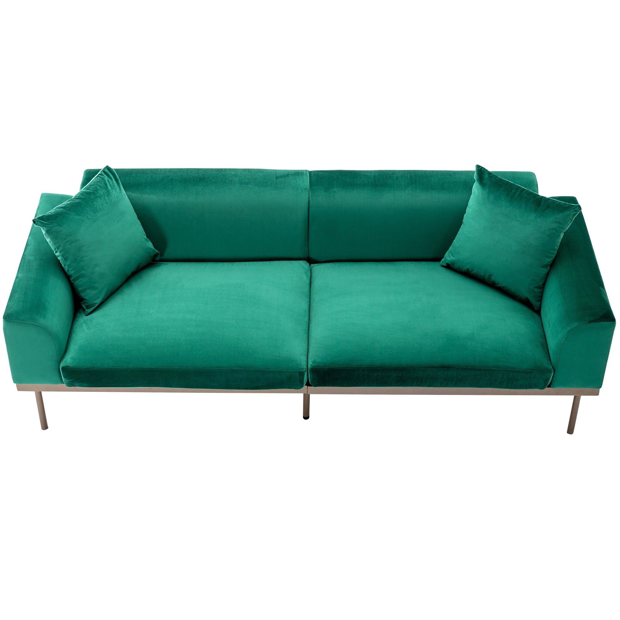 Modern Velvet Sofa with Metal Legs,Loveseat Sofa Couch with Two Pillows for Living Room and Bedroom, Green