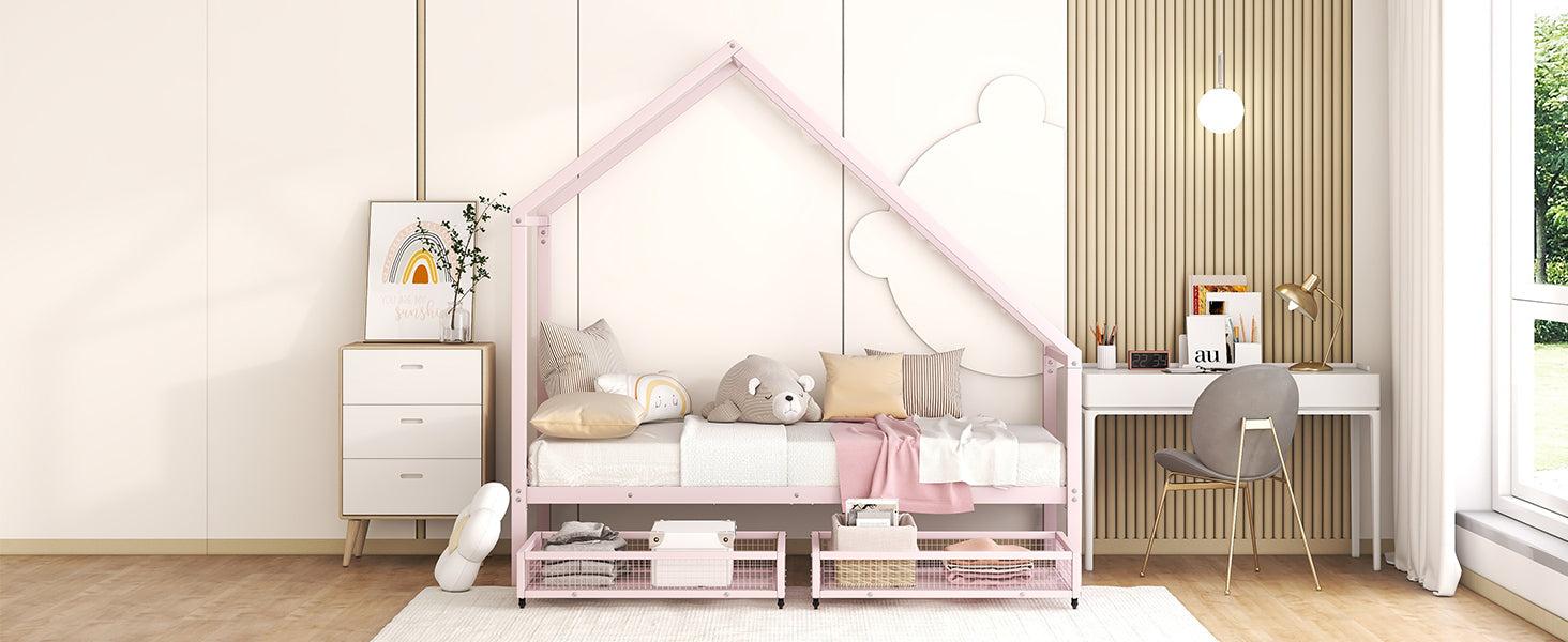 Twin Size Metal House Bed with TwoStorage Drawers, Pink