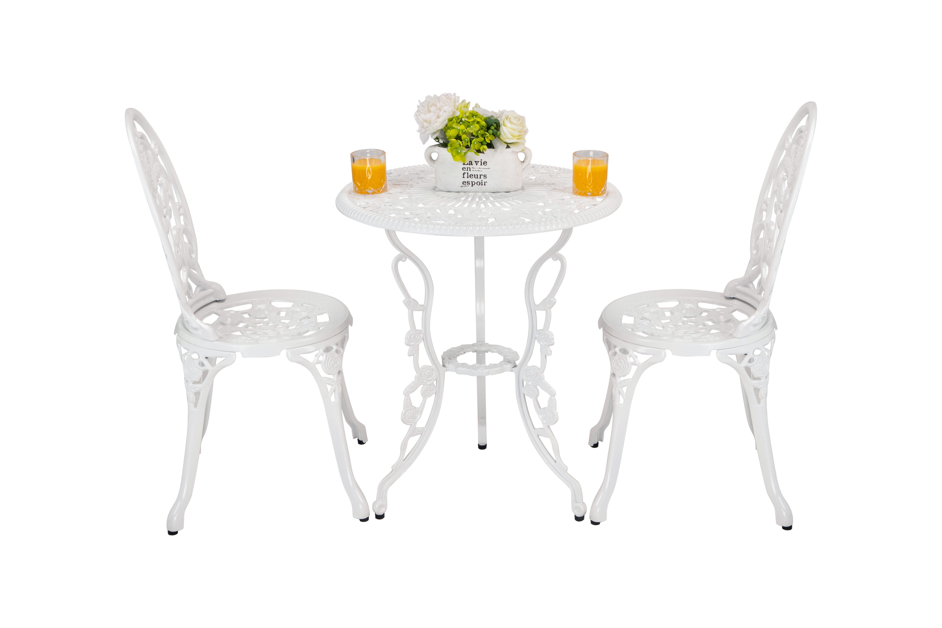 Bistro Table Set, White Rose 3 Piece, Outdoor Patio Table and Chairs Furniture, Durable Rust Weather Resistance，Rose White