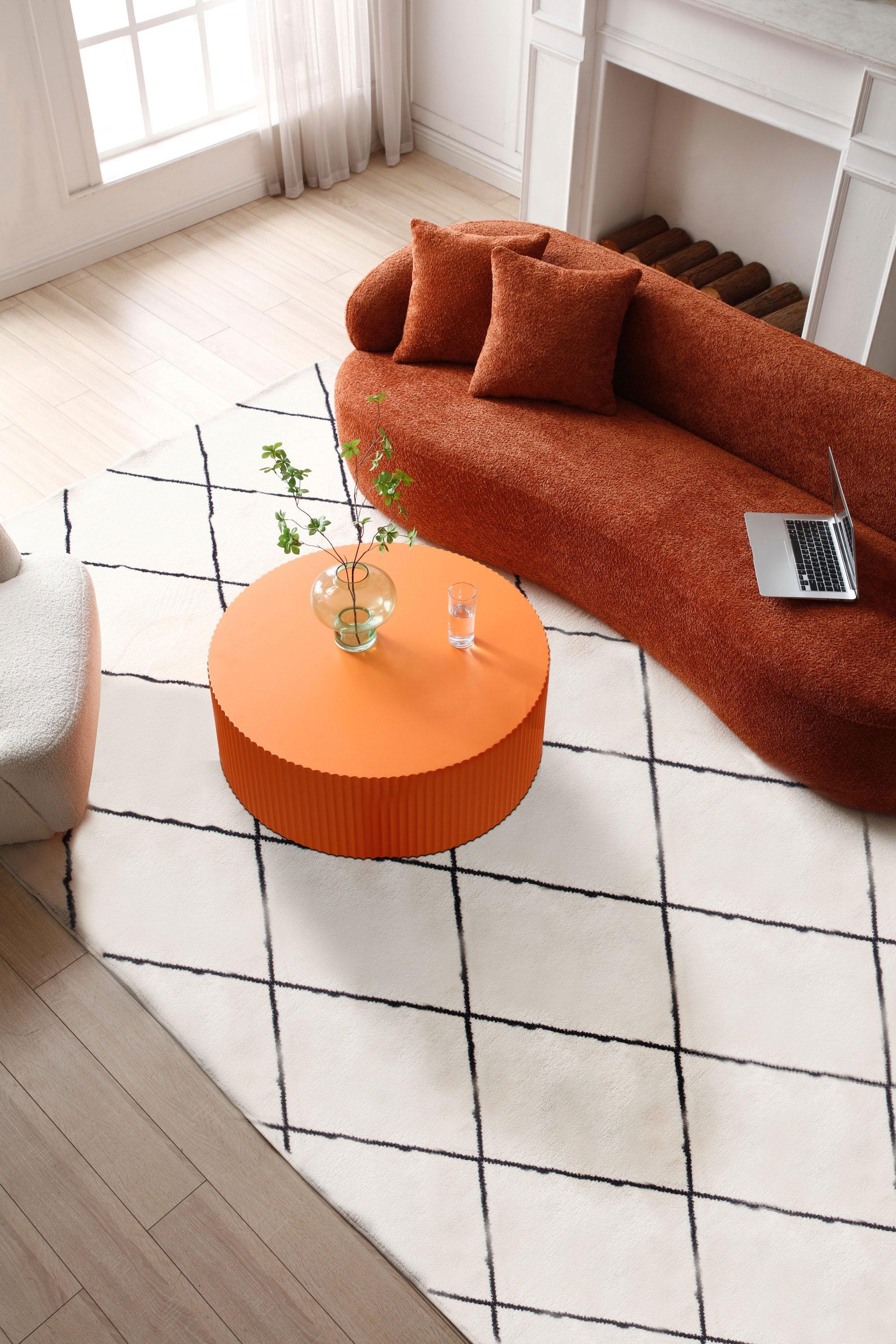 Stylish Round MDF Coffee Table with Handcraft Relief Design φ35.43inch, Bright Orange