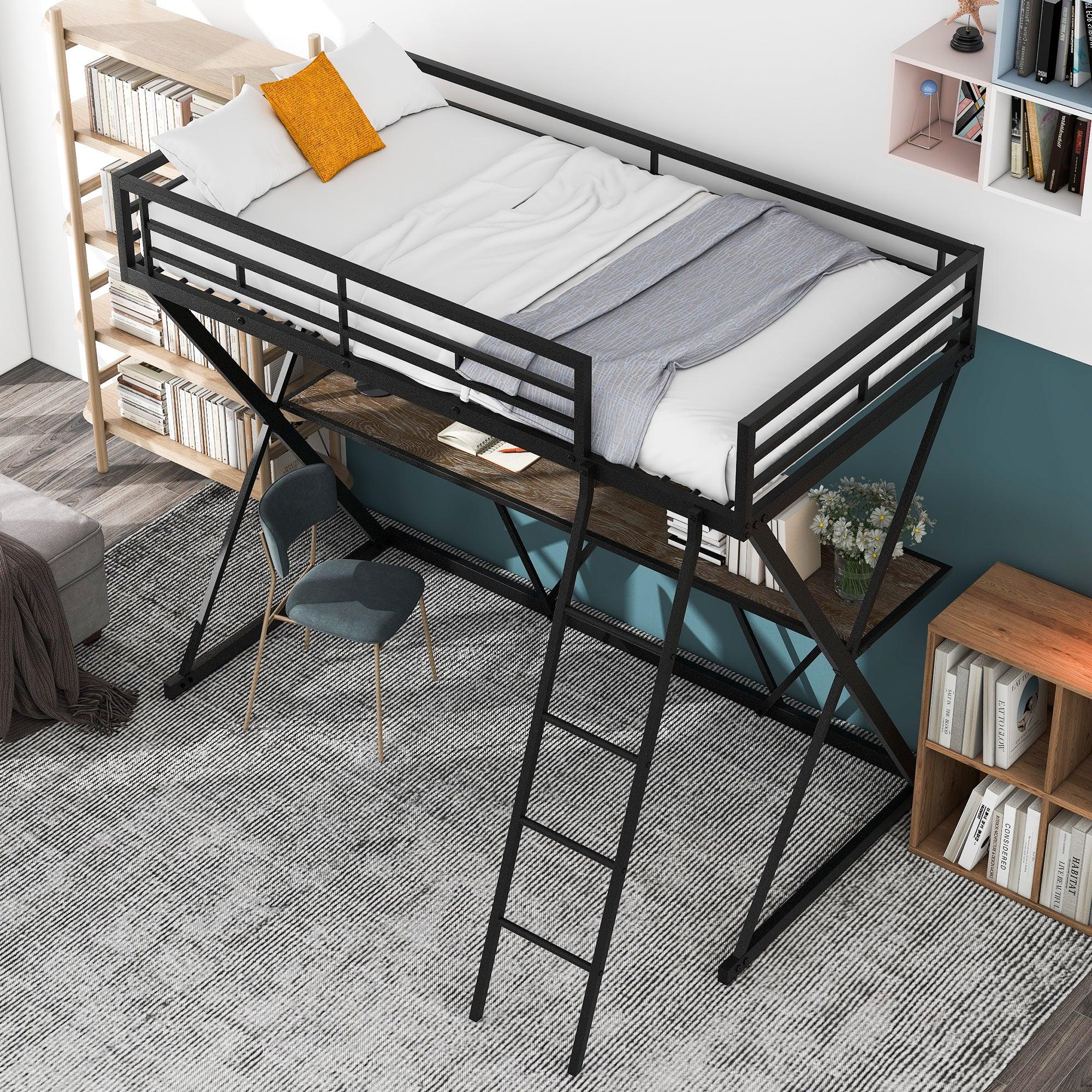 Twin Size Loft Bed with Desk, Ladder and Full-Length Guardrails, X-Shaped Frame, Black+B70608