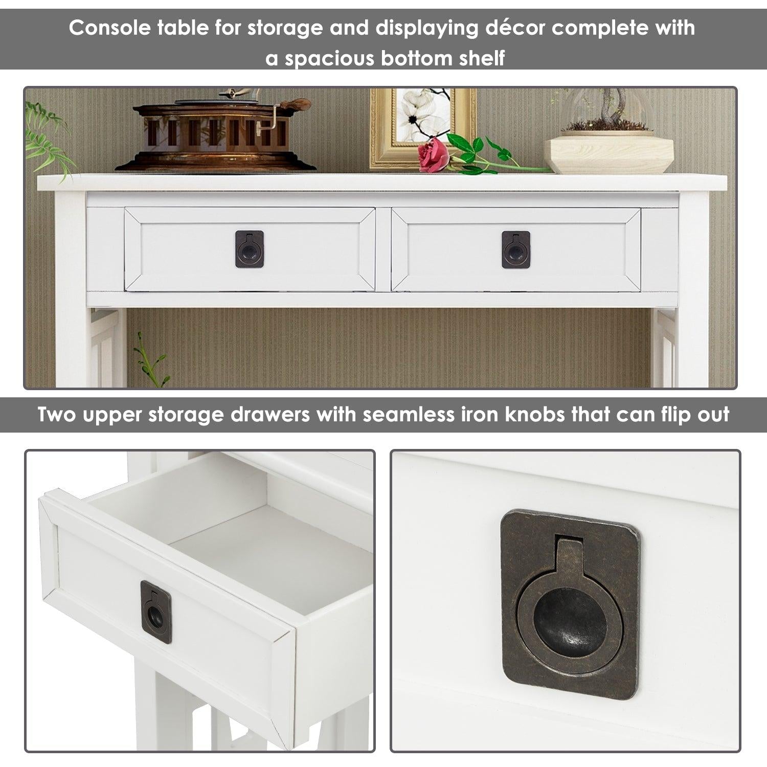 Console Table with 2 Drawers and Bottom Shelf, Entryway Accent Sofa Table (White)