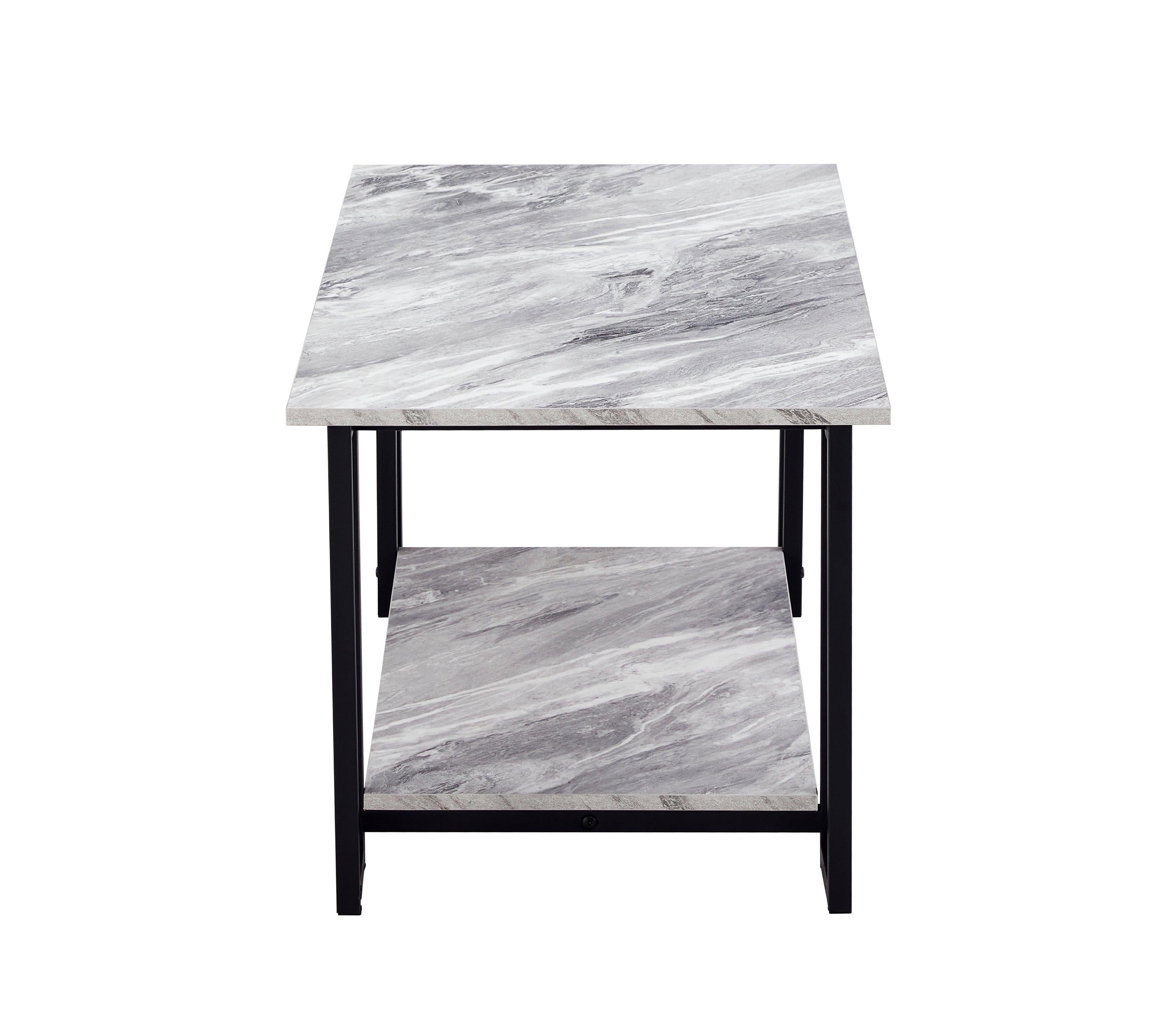 Coffee Table, 2 Layers 1.5cm Thick Marble MDF Rectangle 39.37" L Tabletop Iron Coffee Table , Dining Room,  GREY Top, BLACK Leg