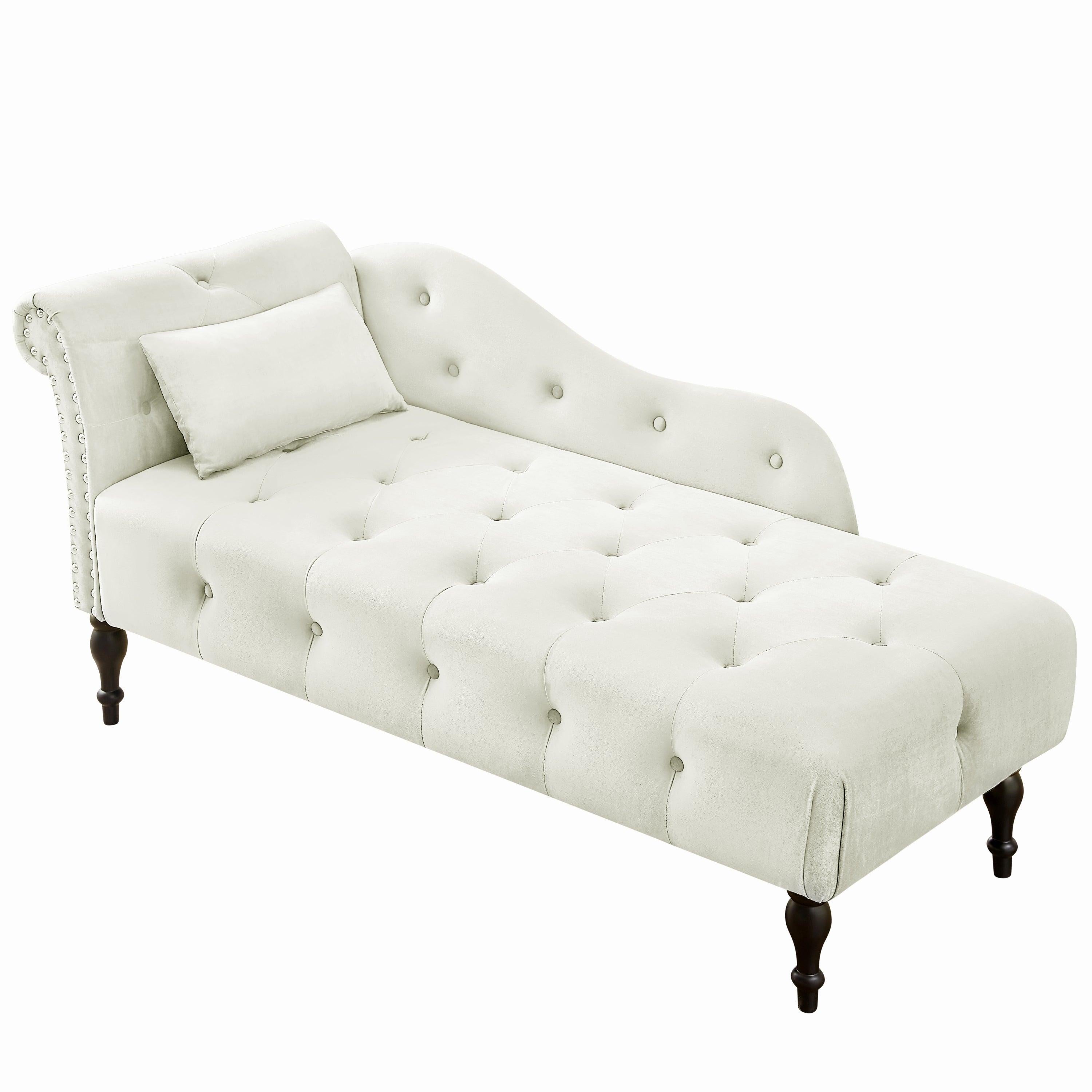 60.6" Velvet Chaise Lounge Buttons Tufted Nailhead Trimmed Solid Wood Legs with 1 Pillow,White