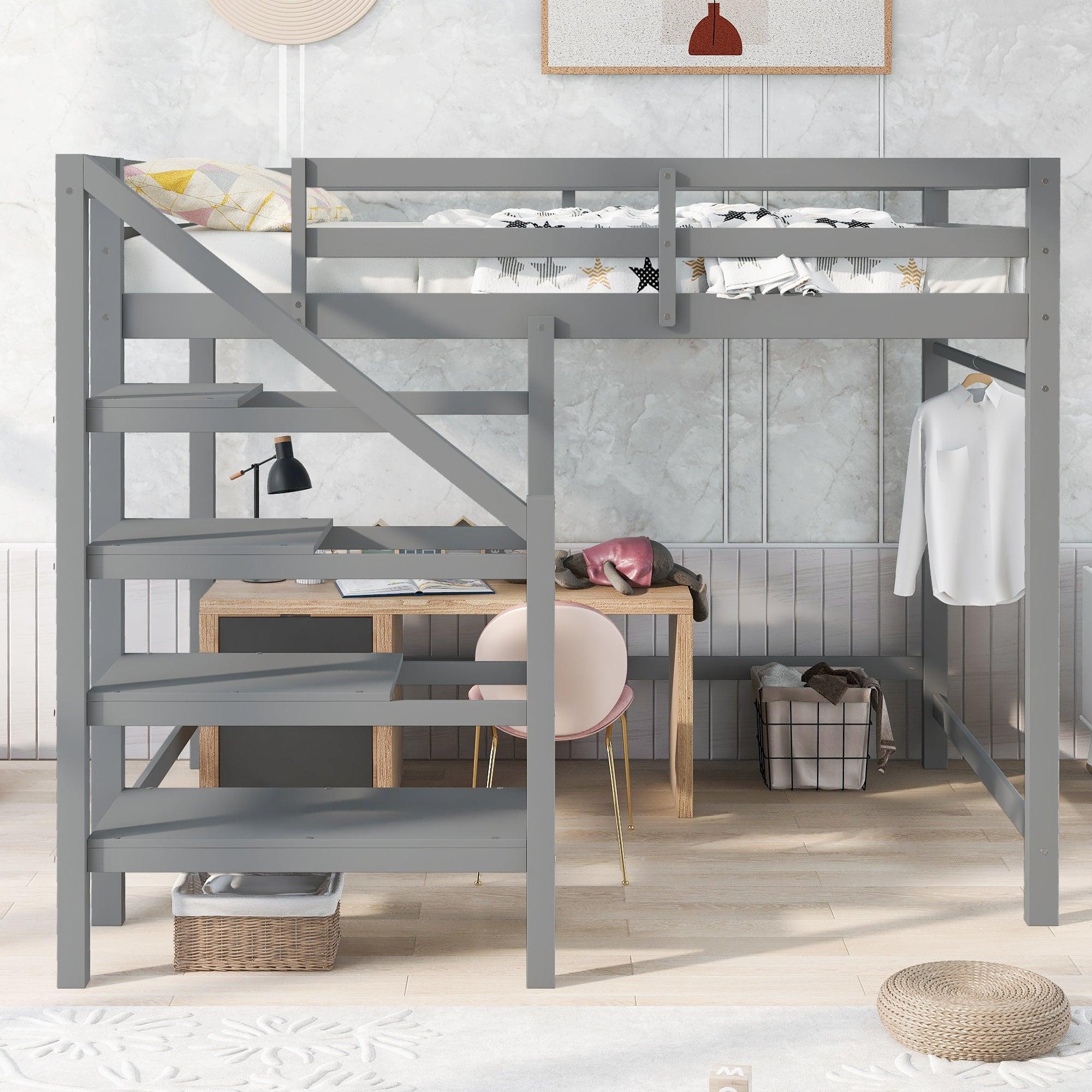 Full Size Loft Bed with Built-inStorage Staircase and Hanger for Clothes,Gray