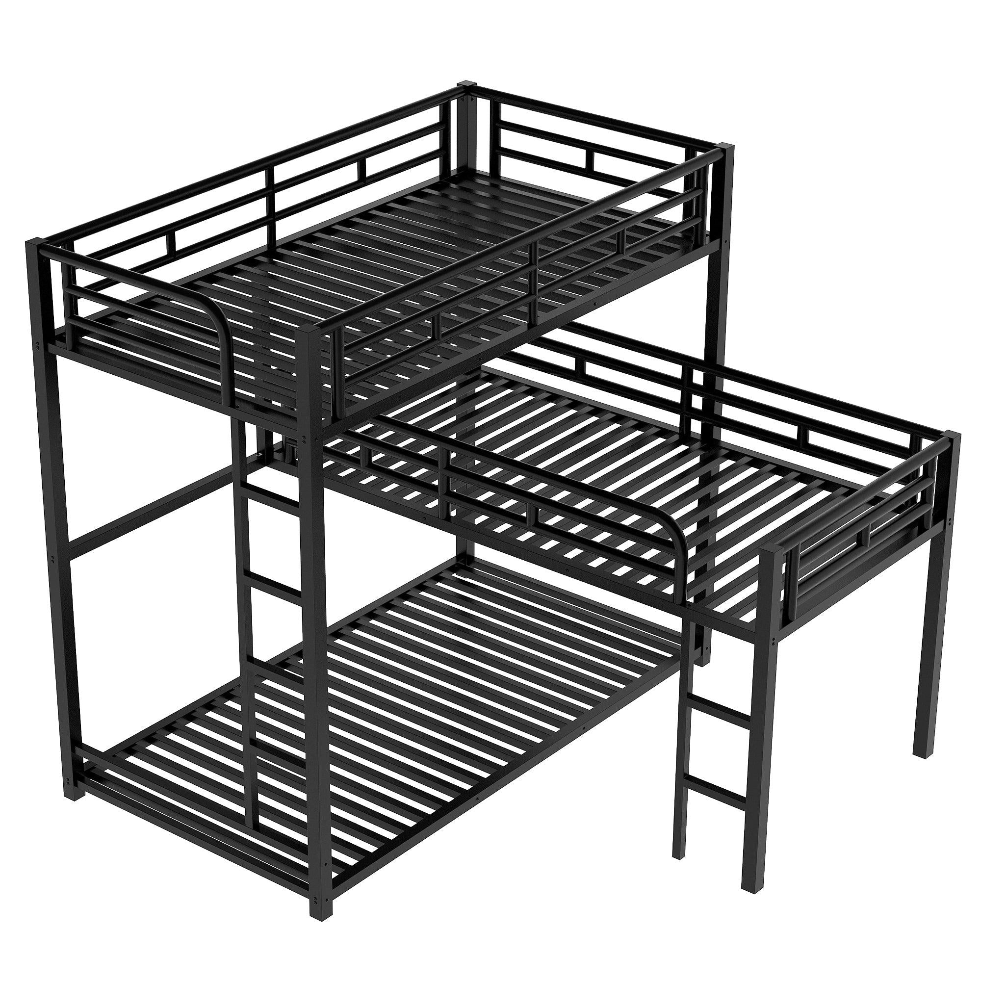 L-shaped Metal Triple Twin Size Bunk Bed, Black