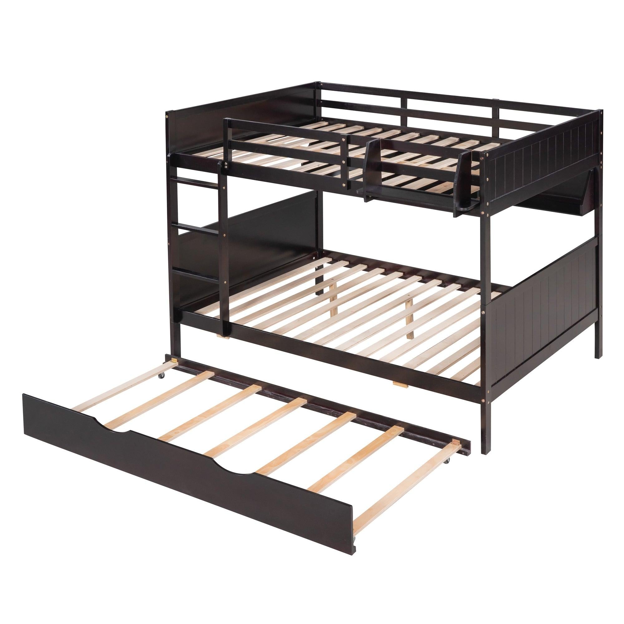 Full-Over-Full Bunk Bed with Twin size Trundle , Separable Bunk Bed with Bookshelf for Bedroom-Espresso