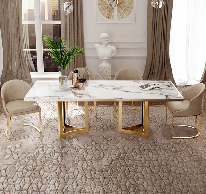 BuraModern Marble Dining Table with Rectangular Tabletop Gold Stainless Legs, for Kitchen and Dining Room