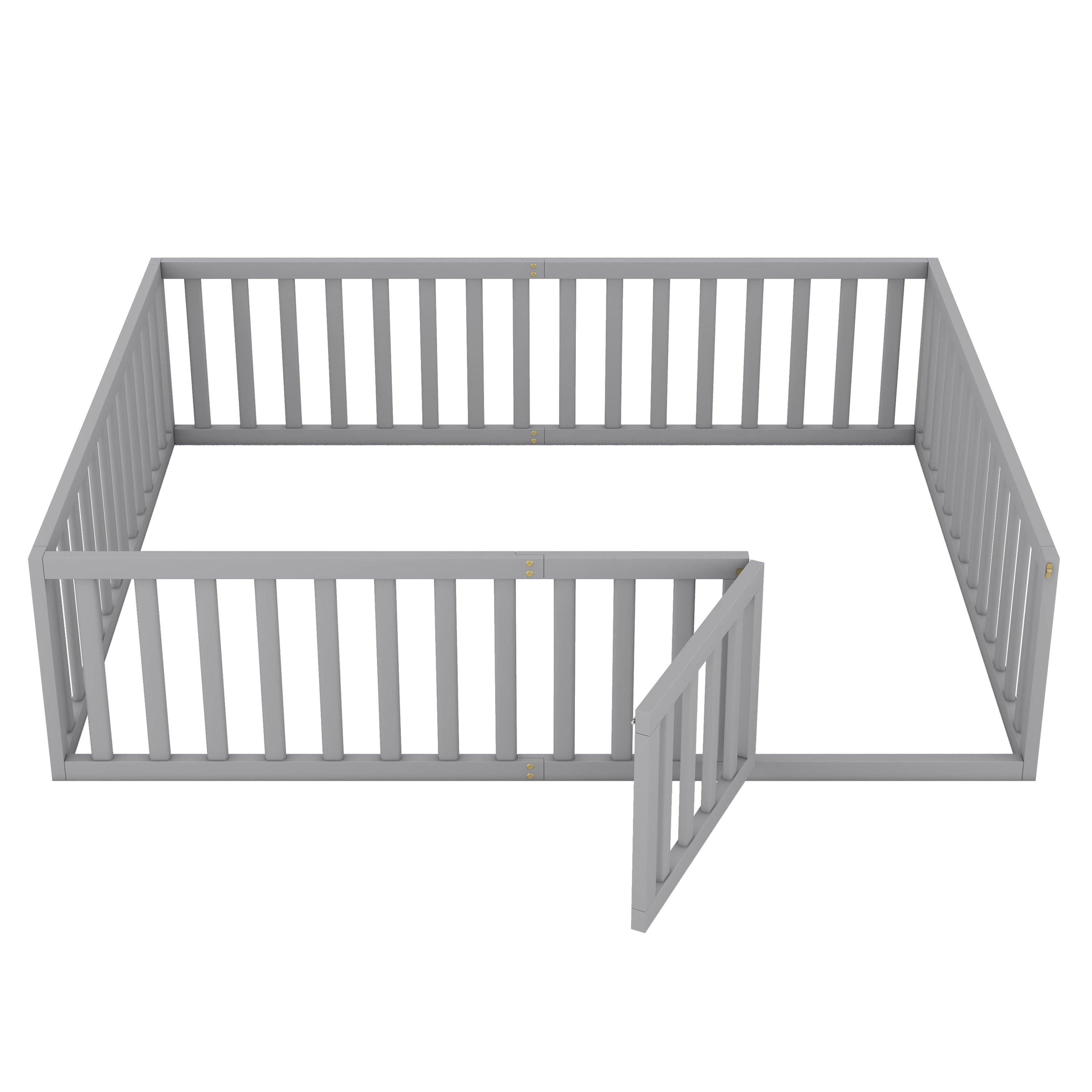 Queen Size Wood Floor Bed Frame with Fence and Door, Gray