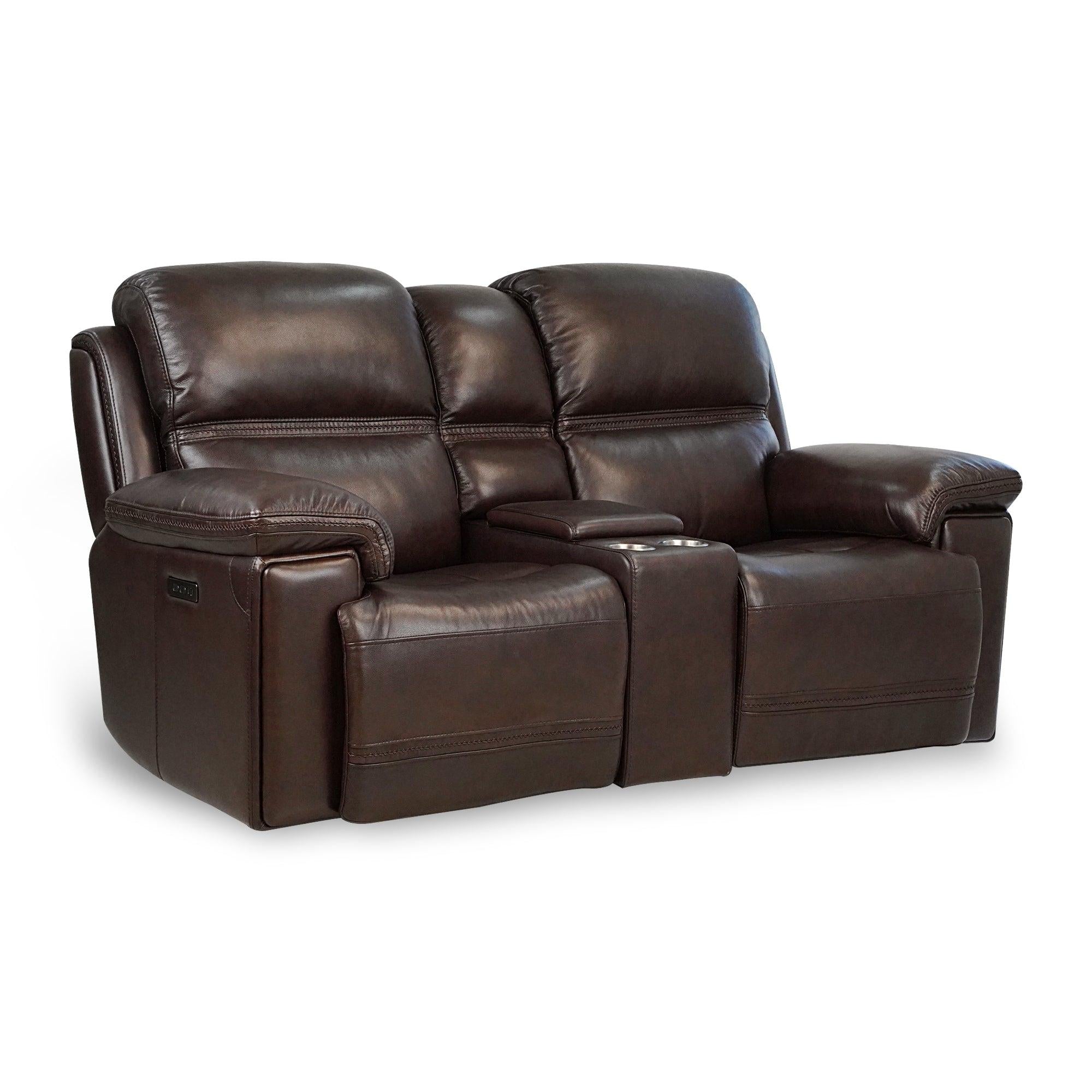 Timo Top Grain Leather Power Reclining Loveseat With Console | Adjustable Headrest |Storage | Steel Cup Holders | Cross Stitching