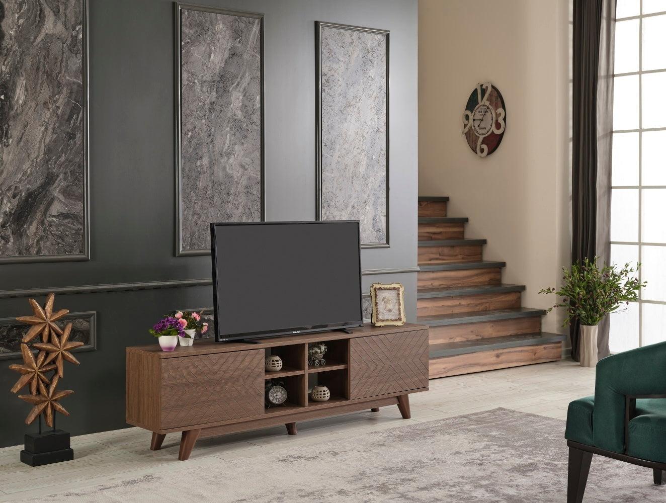 Lina Mid CenturyModern Tv Stand 2 Door Cabinet 4 Cubby Hole Shelves 67 inch Tv Unit, Walnut