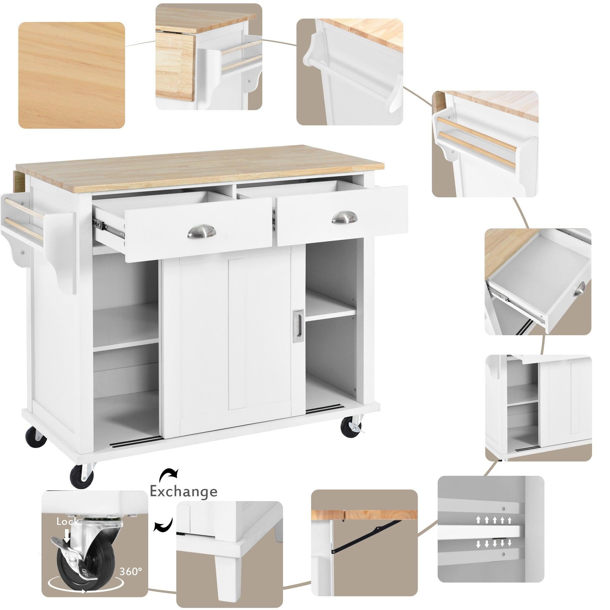 Kitchen Cart with Rubber wood Drop-Leaf Countertop, Concealed sliding barn door adjustable height,Kitchen Island on 4 Wheels withStorage Cabinet and 2 Drawers,L52.2xW30.5xH36.6 inch, White