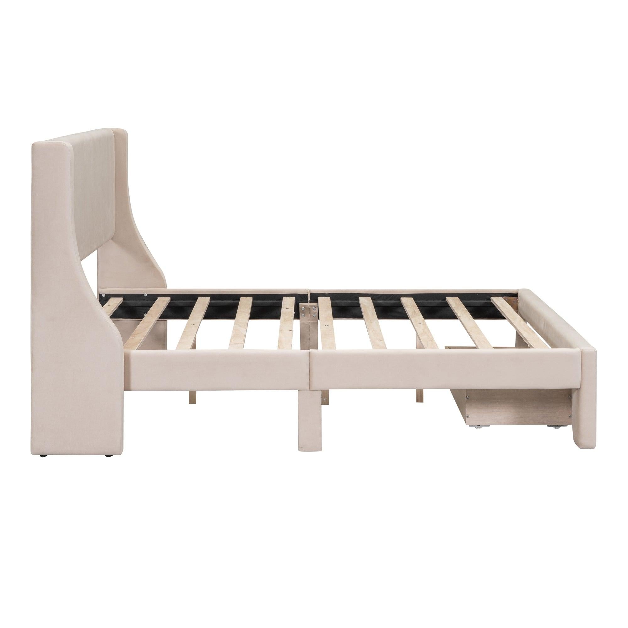 Full SizeStorage Bed Velvet Upholstered Platform Bed with a Big Drawer - Beige