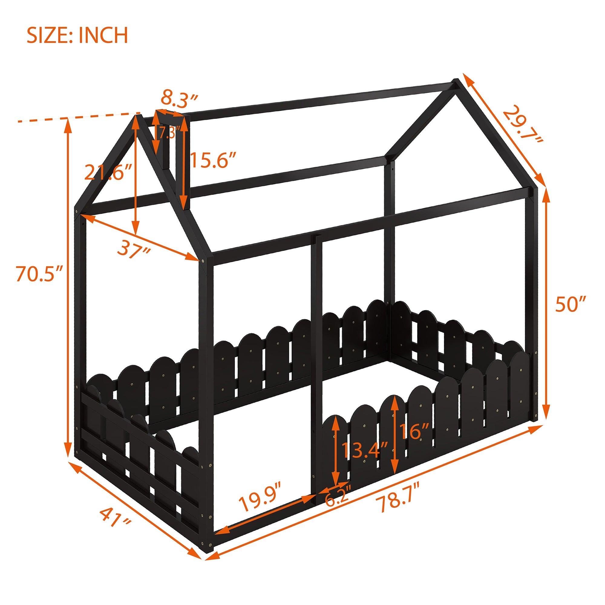 Twin Size Wood Bed House Bed Frame with Fence, for Kids, Teens, Girls, Boys (Espresso )