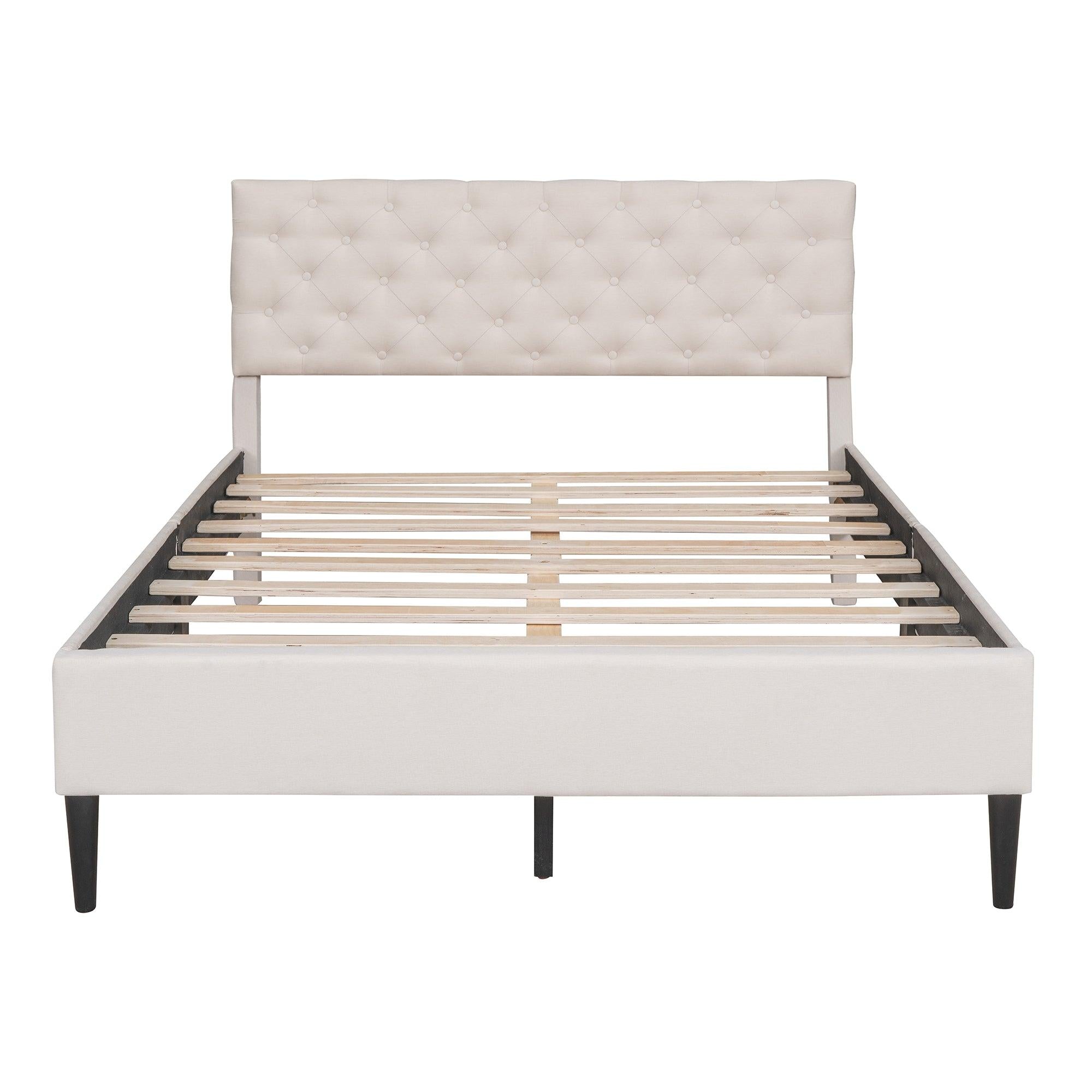 Upholstered Linen Platform Bed, Full Size, Beige