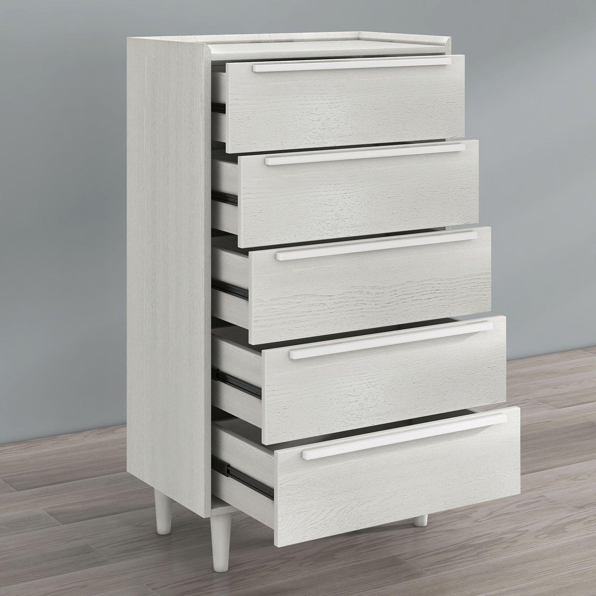 Modern Style Manufactured Wood 5-Drawer Chest with Solid Wood Legs, White