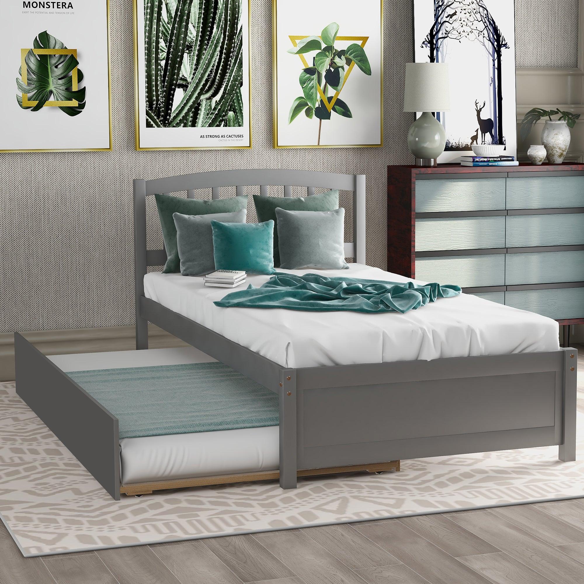 Twin size Platform Bed Wood Bed Frame with Trundle, Gray image