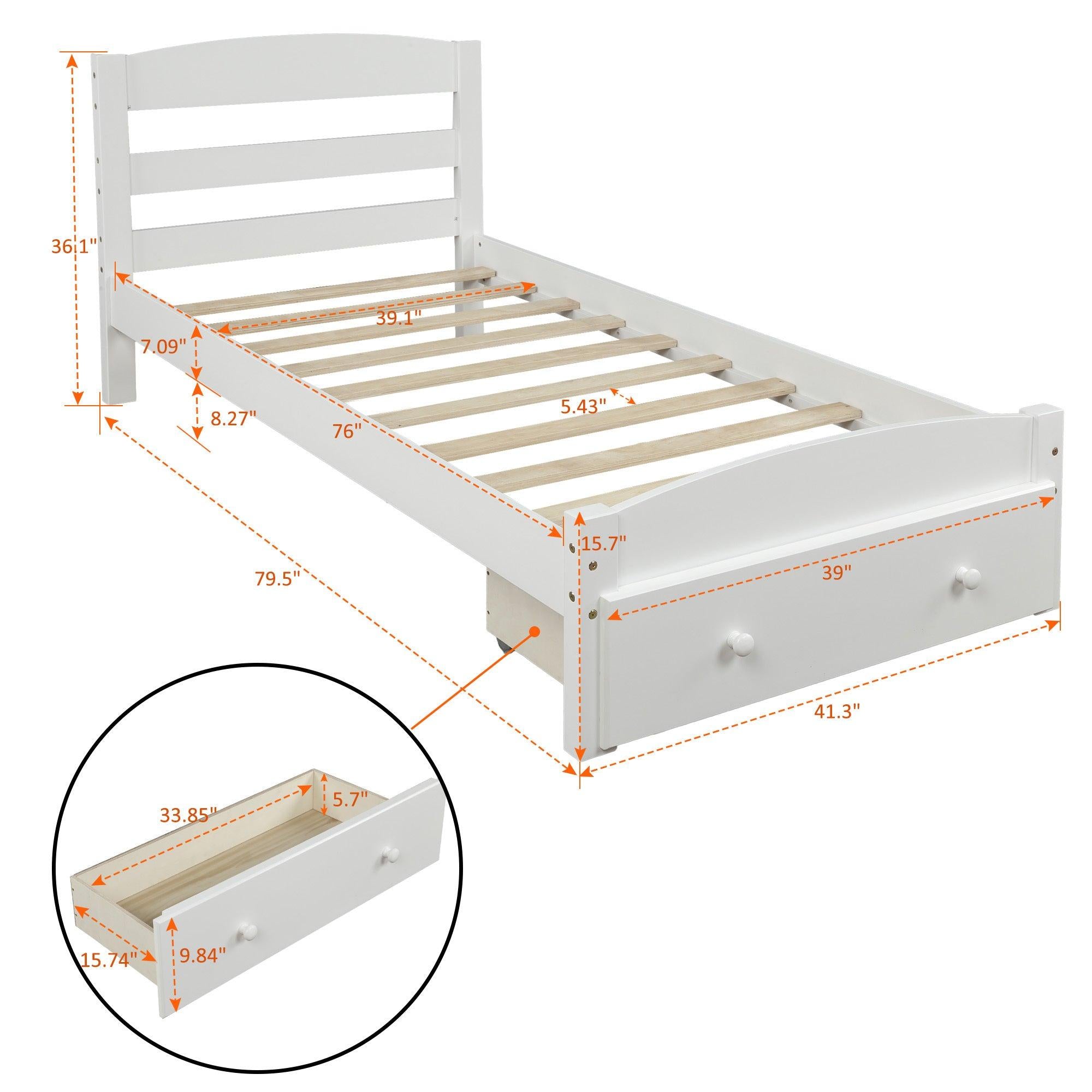 Platform Twin Bed Frame withStorage Drawer and Wood Slat Support No Box Spring Needed, White