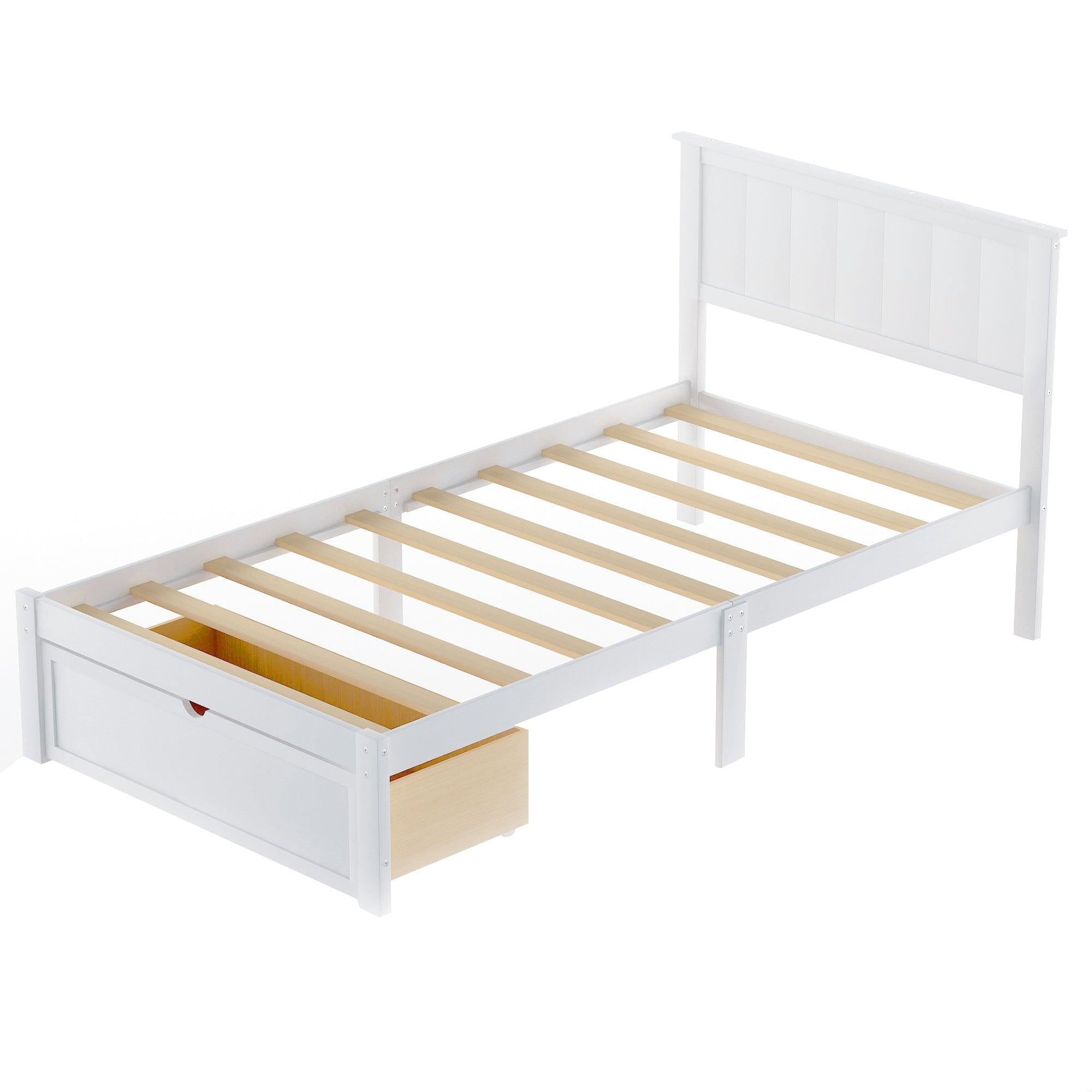 Twin Size Platform Bed with Under-bed Drawer, White