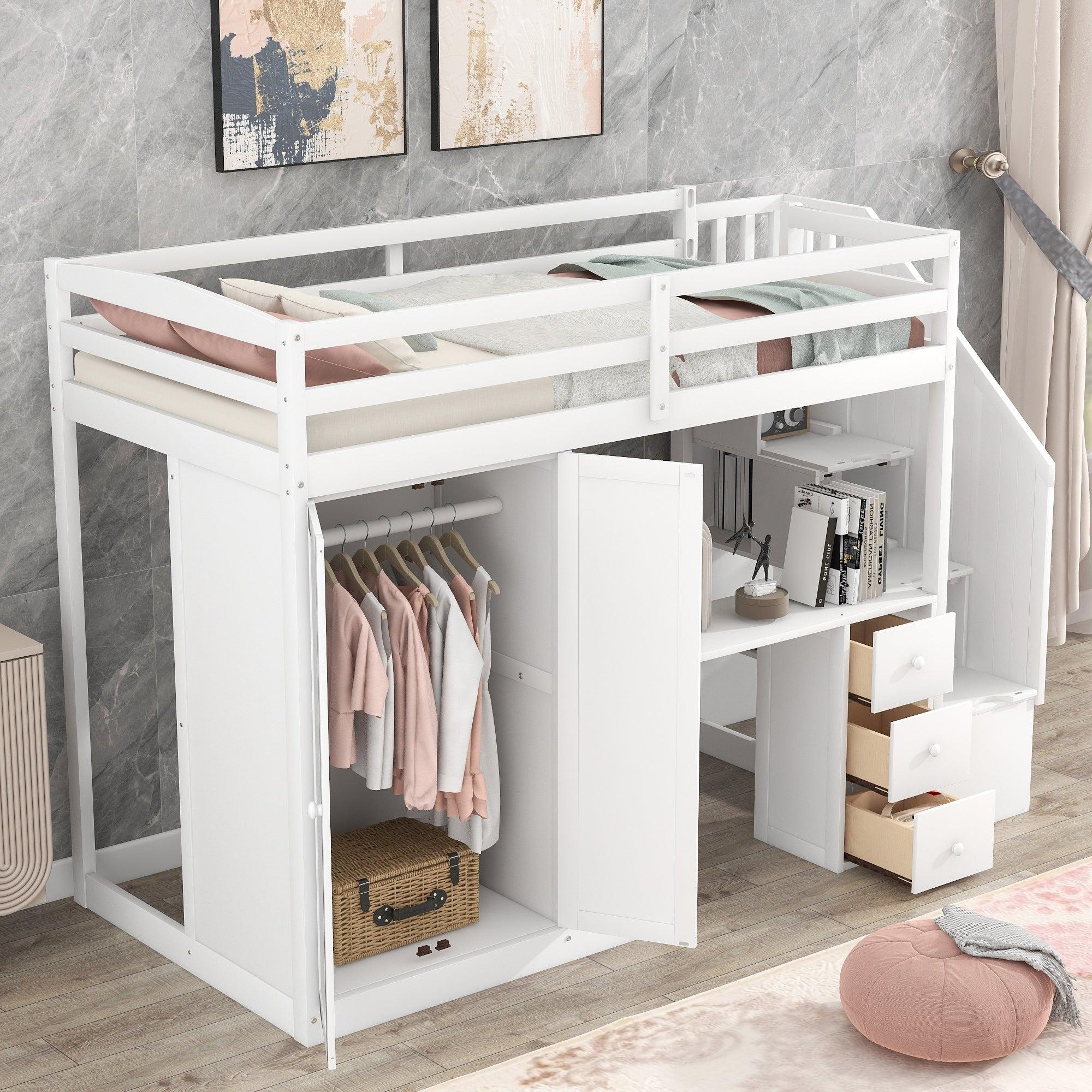 Twin Size Loft Bed with Wardrobe and Staircase, Desk andStorage Drawers and Cabinet in 1, White