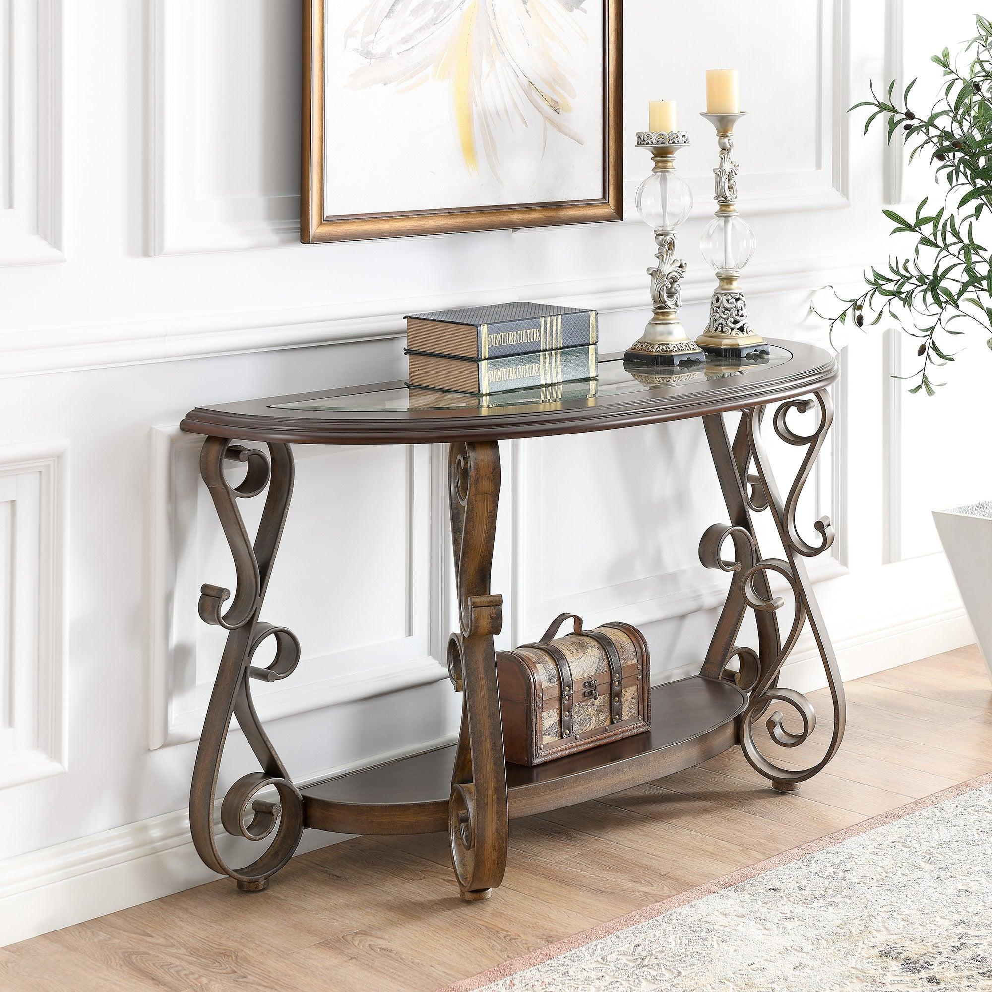 Console Table with Glass Table Top and Powder Coat Finish Metal Legs，Dark Brown （25.5"X25.5"X23.5") image