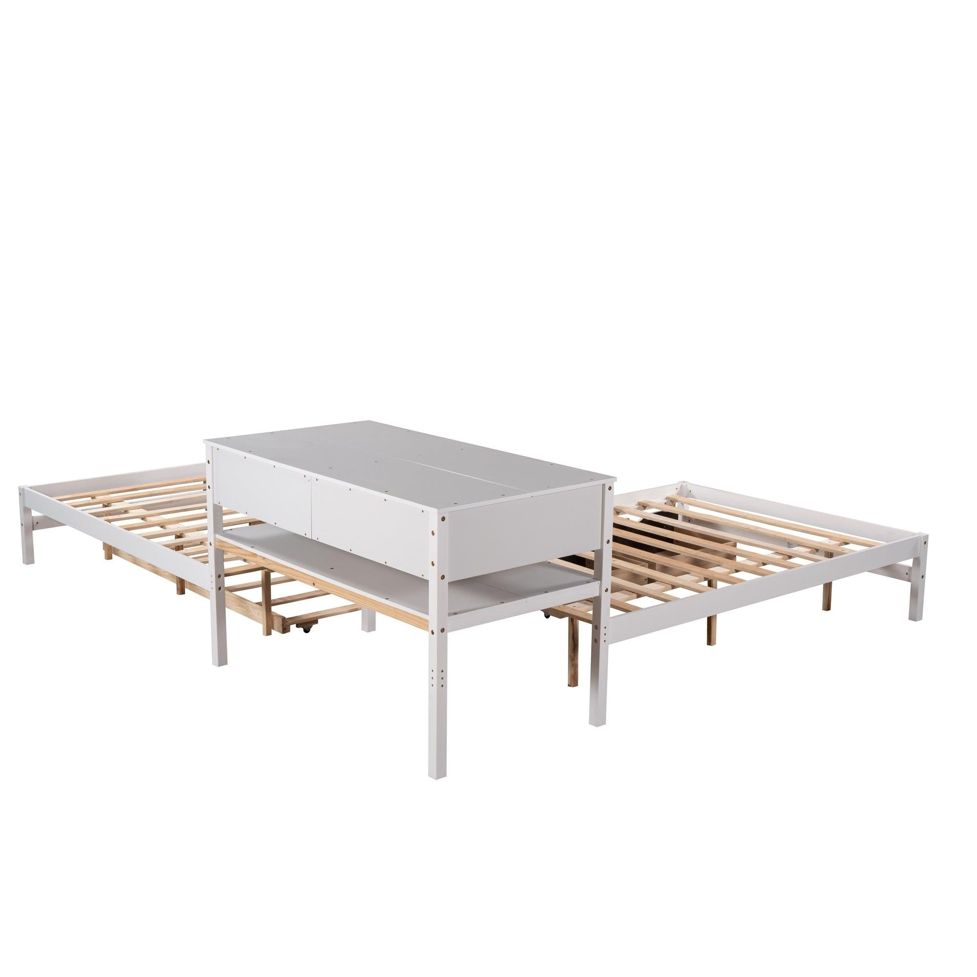 Full Size L-shaped Platform Beds with Twin Size Trundle and Drawers Linked with Built-in Rectangle Table,White