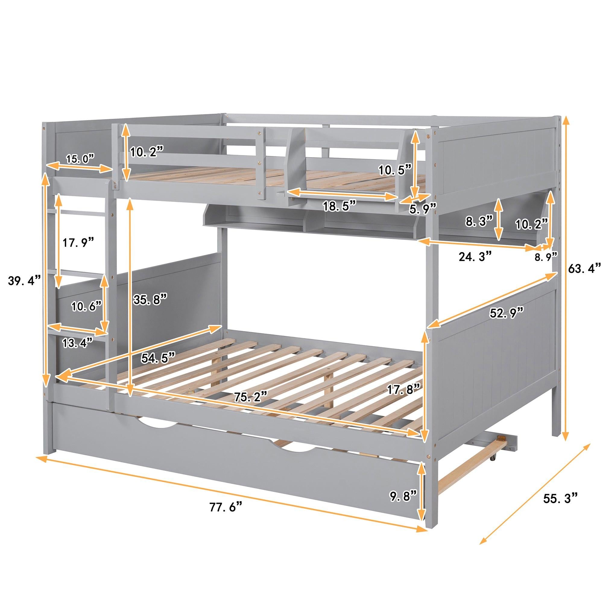 Full-Over-Full Bunk Bed with Twin size Trundle , Separable Bunk Bed with Bookshelf for Bedroom-Gray