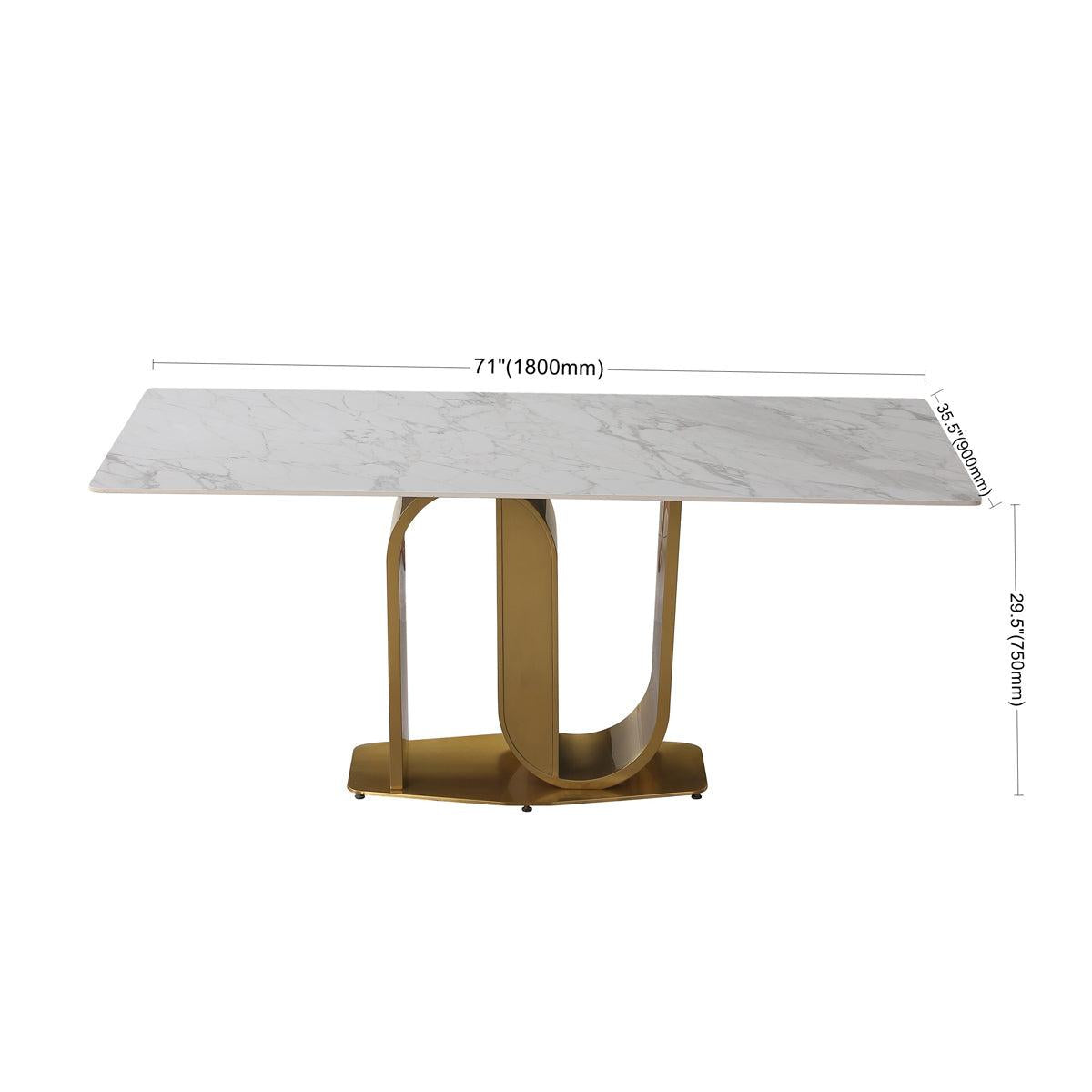 71" Contemporary Dining Table in Gold with Sintered Stone Top and  U shape Pedestal Base in Gold finish with 6 pcs Chairs .