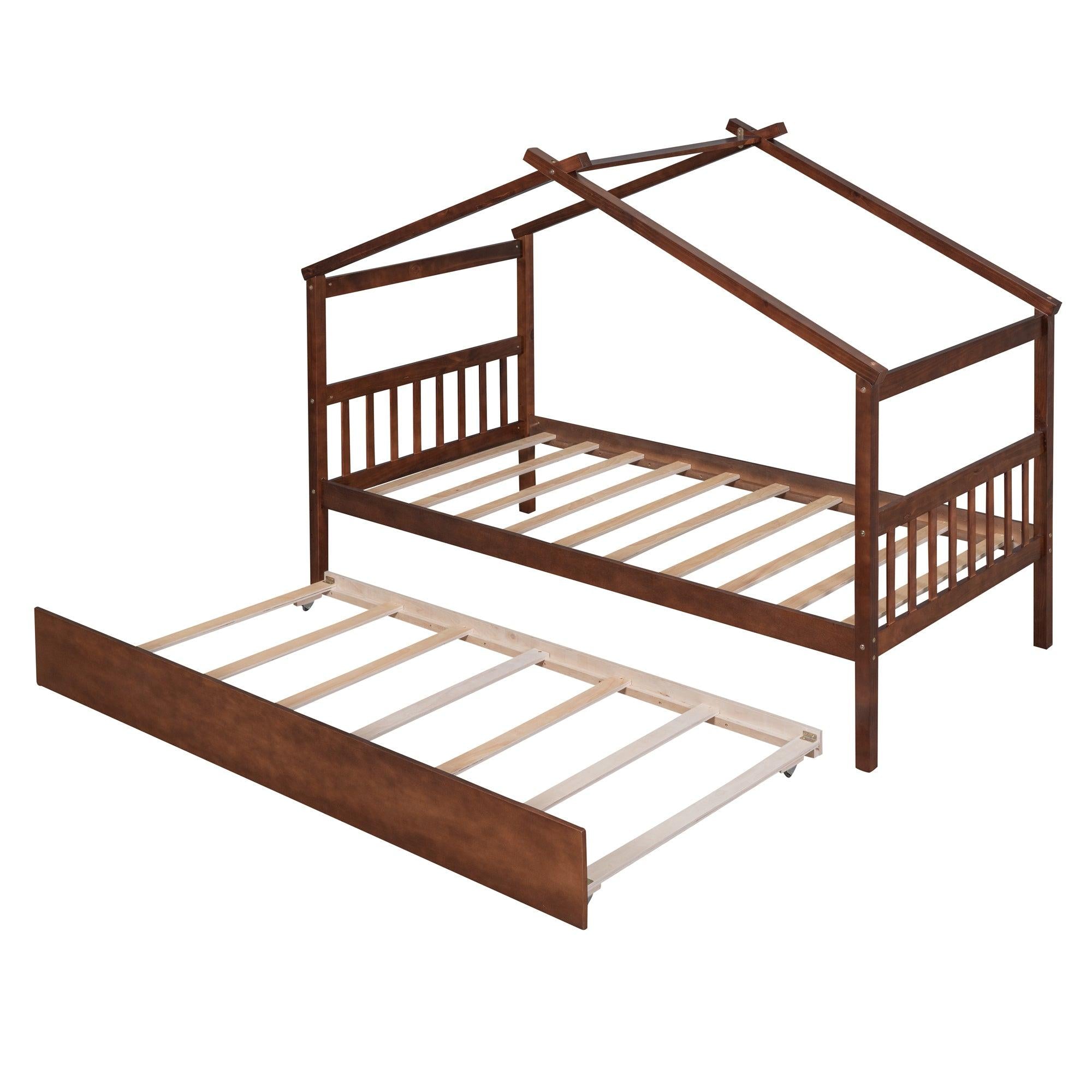 Twin Size Wooden House Bed with Twin Size Trundle, Walnut